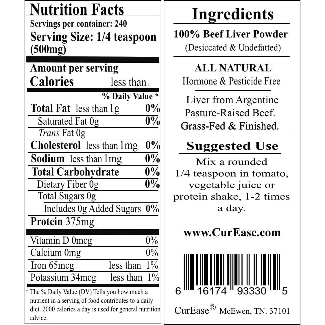 Polvo de Hígado de Res CurEase - 119 g - Sin Grasa y Natural