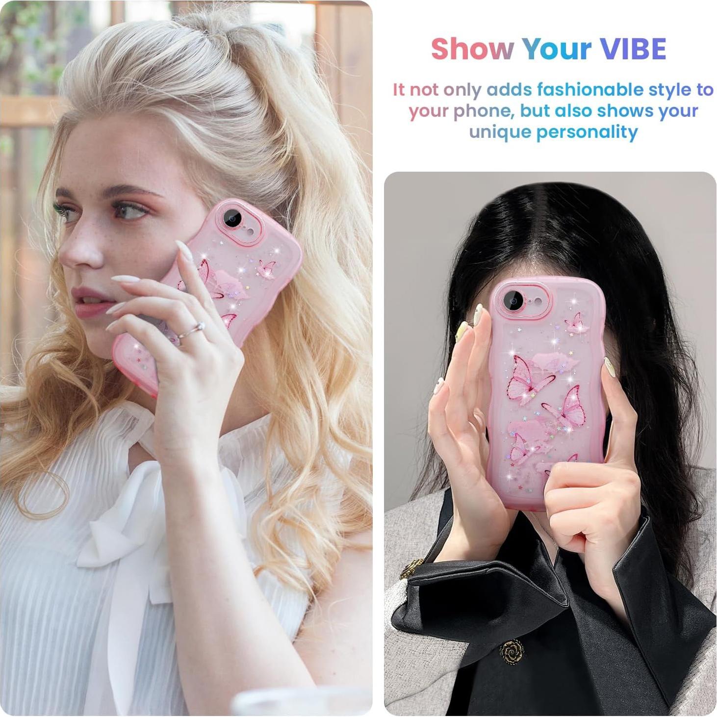 Funda Brillante Mariposa UEEBAI para iPhone 16e - Rosa