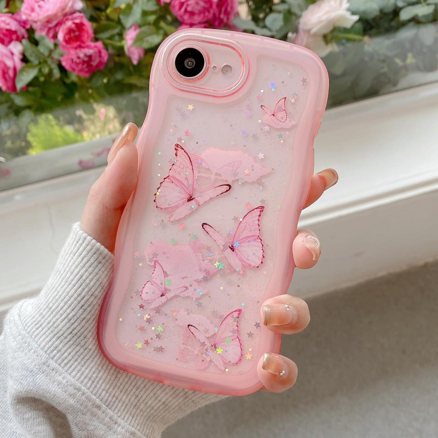 Funda Brillante Mariposa UEEBAI para iPhone 16e - Rosa