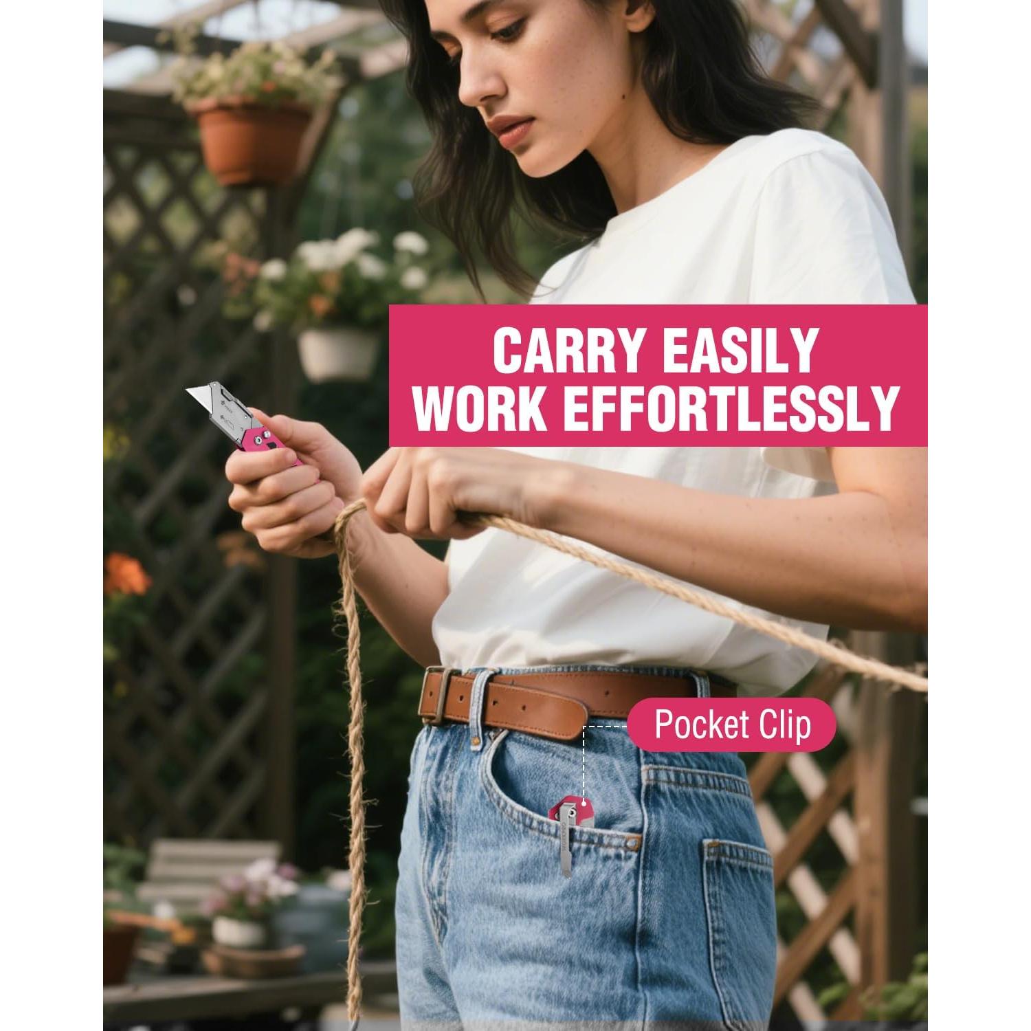 Cortador de Caja WORKPRO Utility Plegable Rosa con 10 Cuchillas