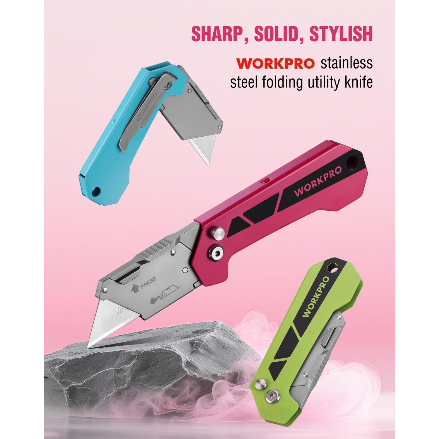 Cortador de Caja WORKPRO Utility Plegable Rosa con 10 Cuchillas