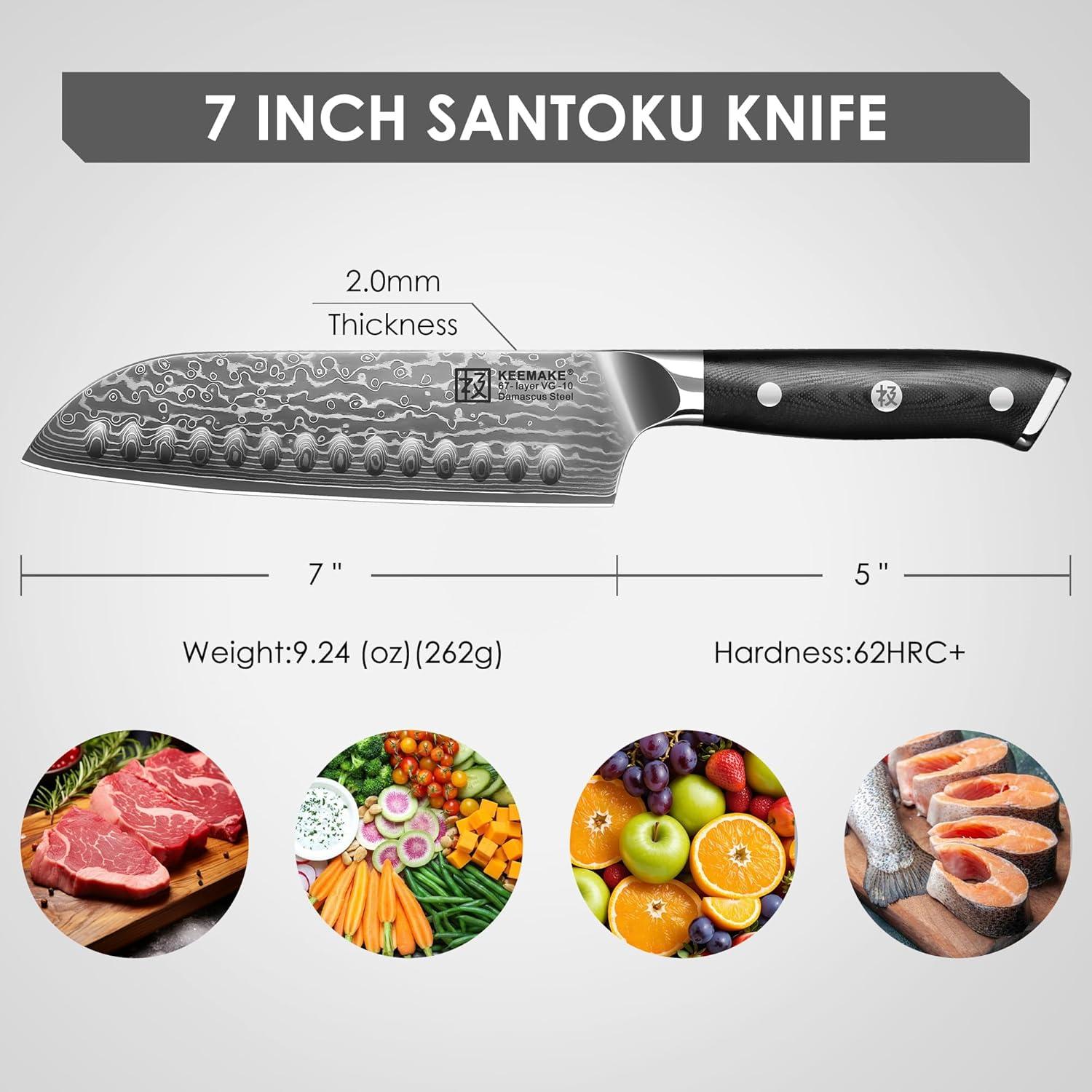 Cuchillo Santoku KEEMAKE 7" Damasco VG10 Ultra Afilado