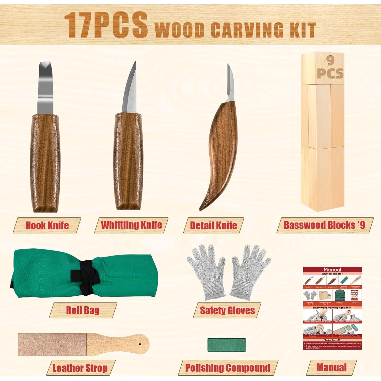Kit de Tallado en Madera K Kernowo 17PCS con Herramientas y Guantes