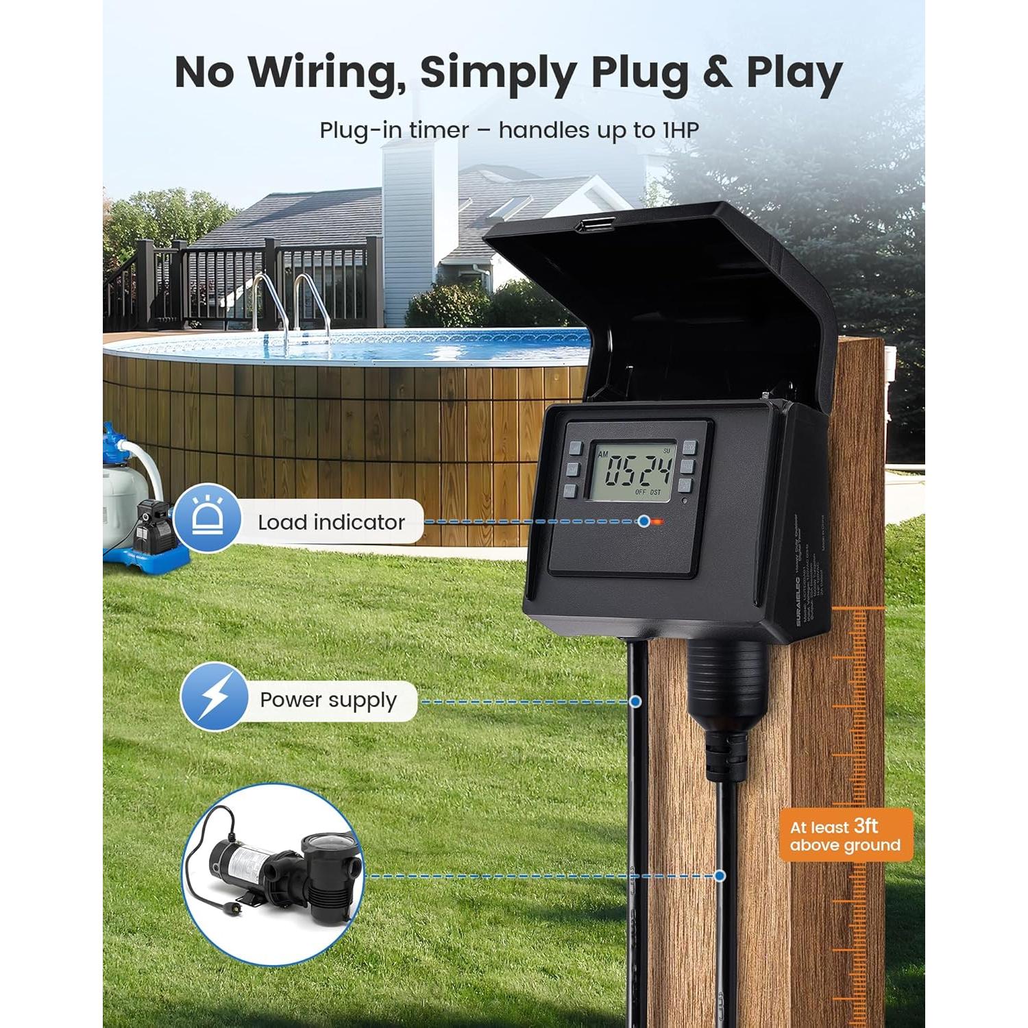 Temporizador Digital SURAIELEC 20A para Piscinas 7 Días