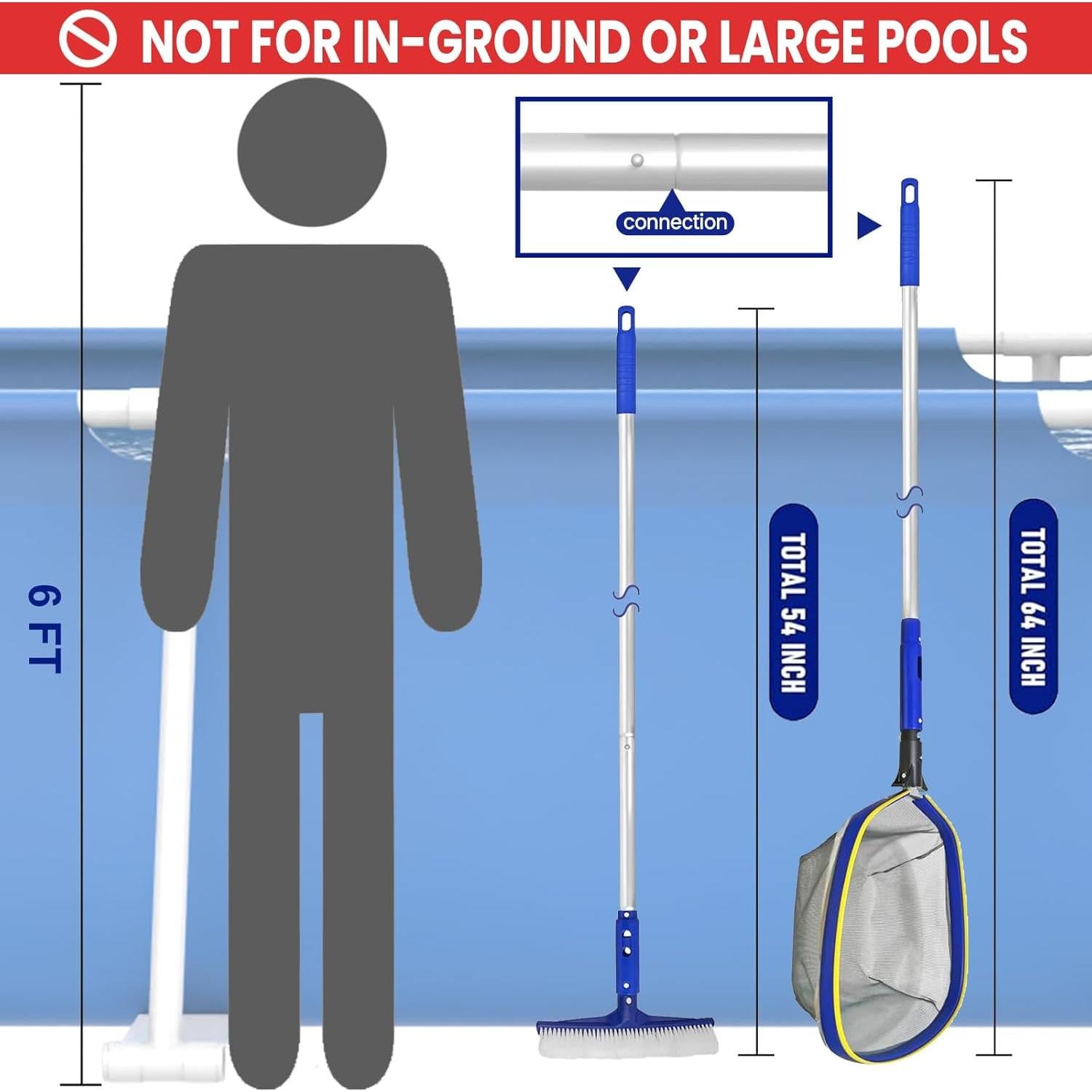 Kit de Limpieza de Piscina Poolvio, Cepillo 25.4 cm y Polo 127 cm