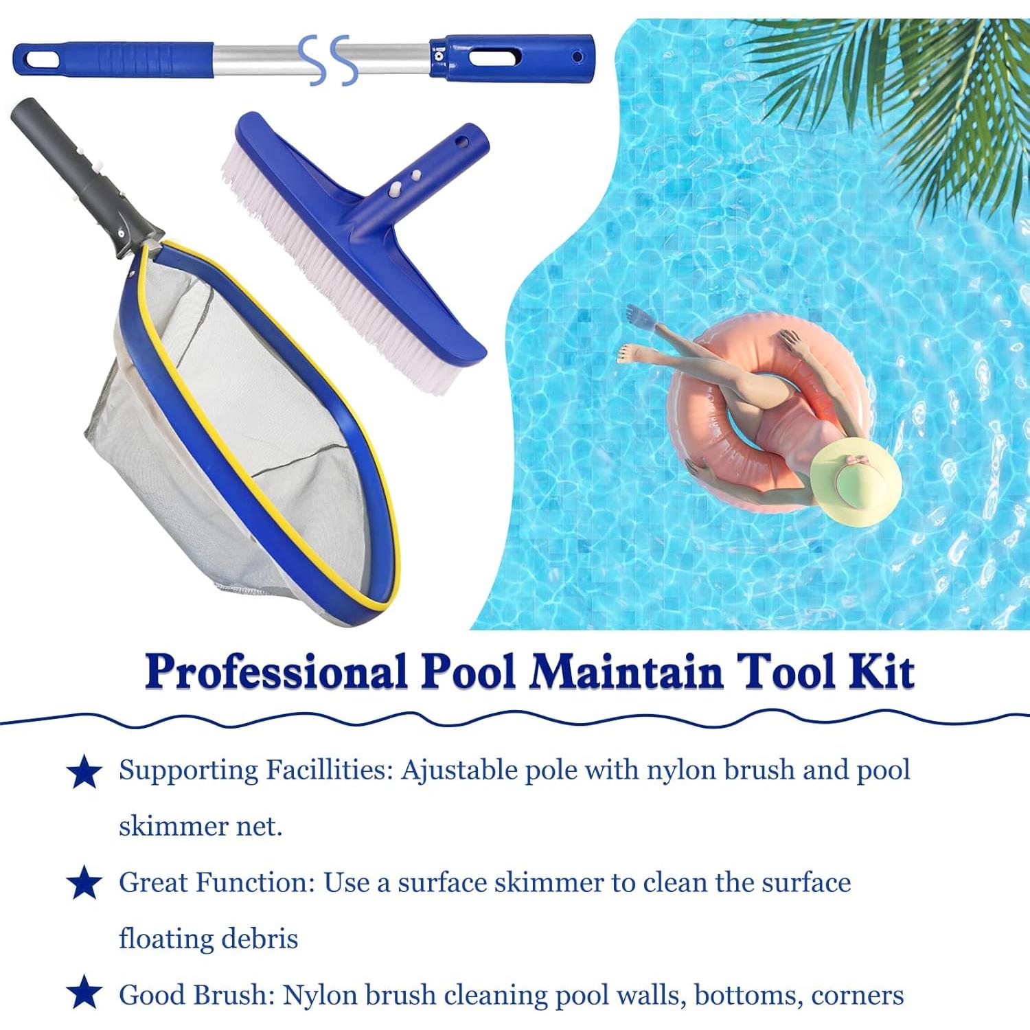 Kit de Limpieza de Piscina Poolvio, Cepillo 25.4 cm y Polo 127 cm
