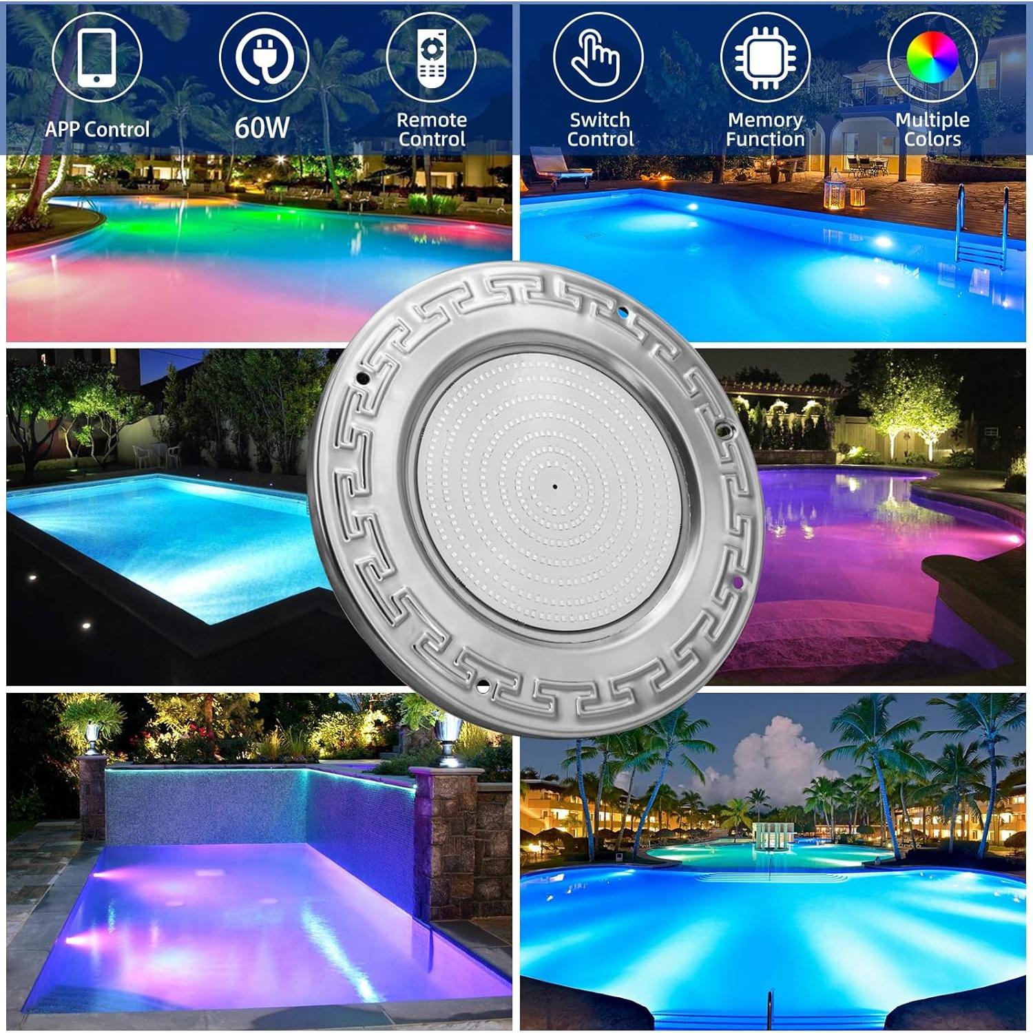 Luces de piscina LED Awanhe 60W 10" RGB con control remoto