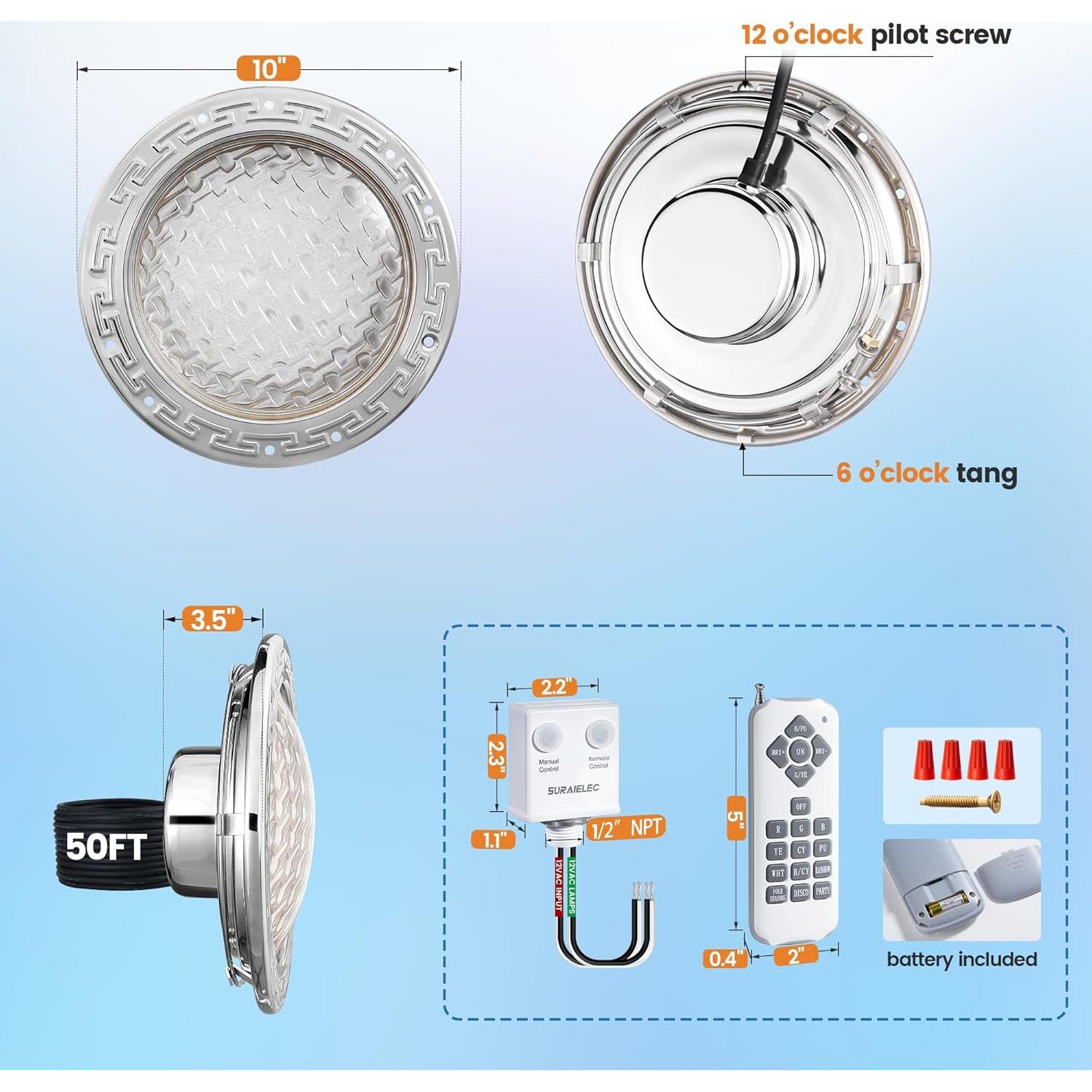 Luz de Piscina LED SURAIELEC 12V 10" RGB Control Remoto