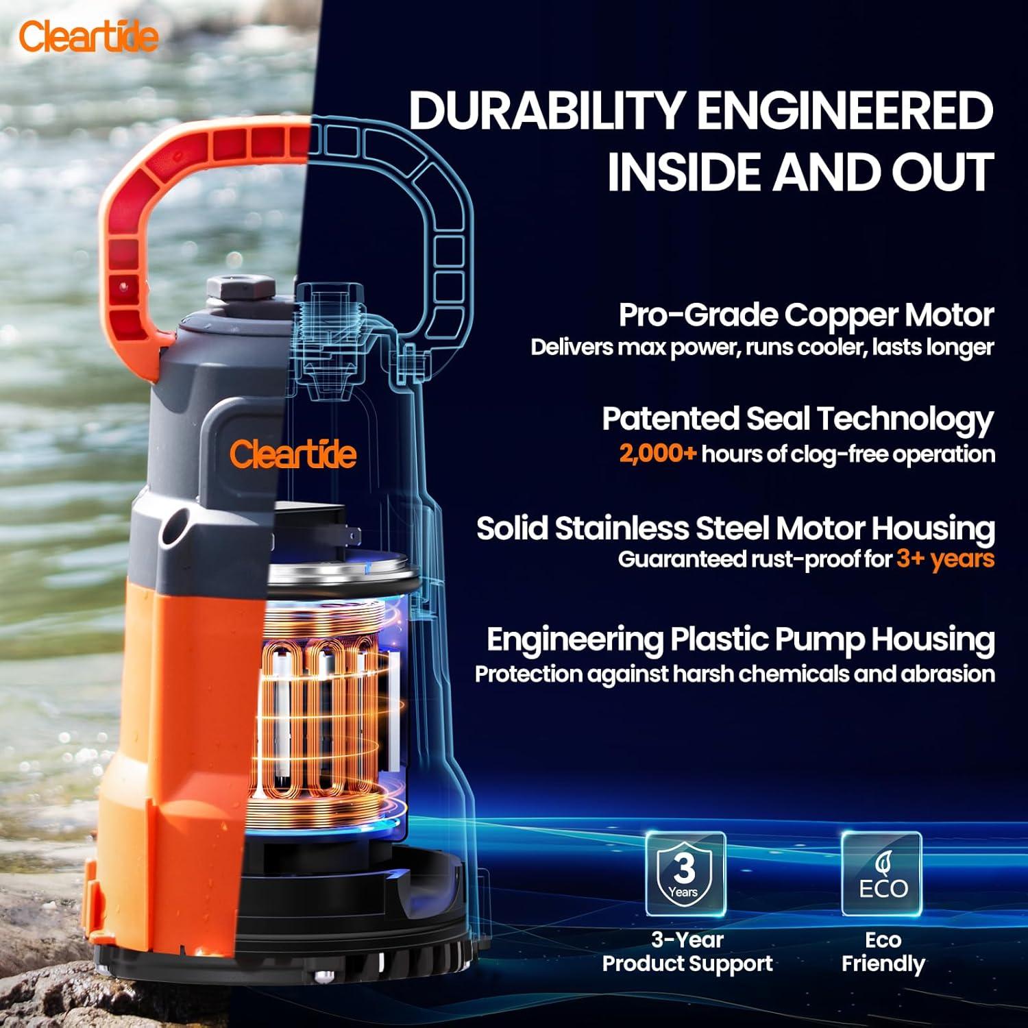 Bomba Sumergible Cleartide 1/4 HP para Drenaje de Agua