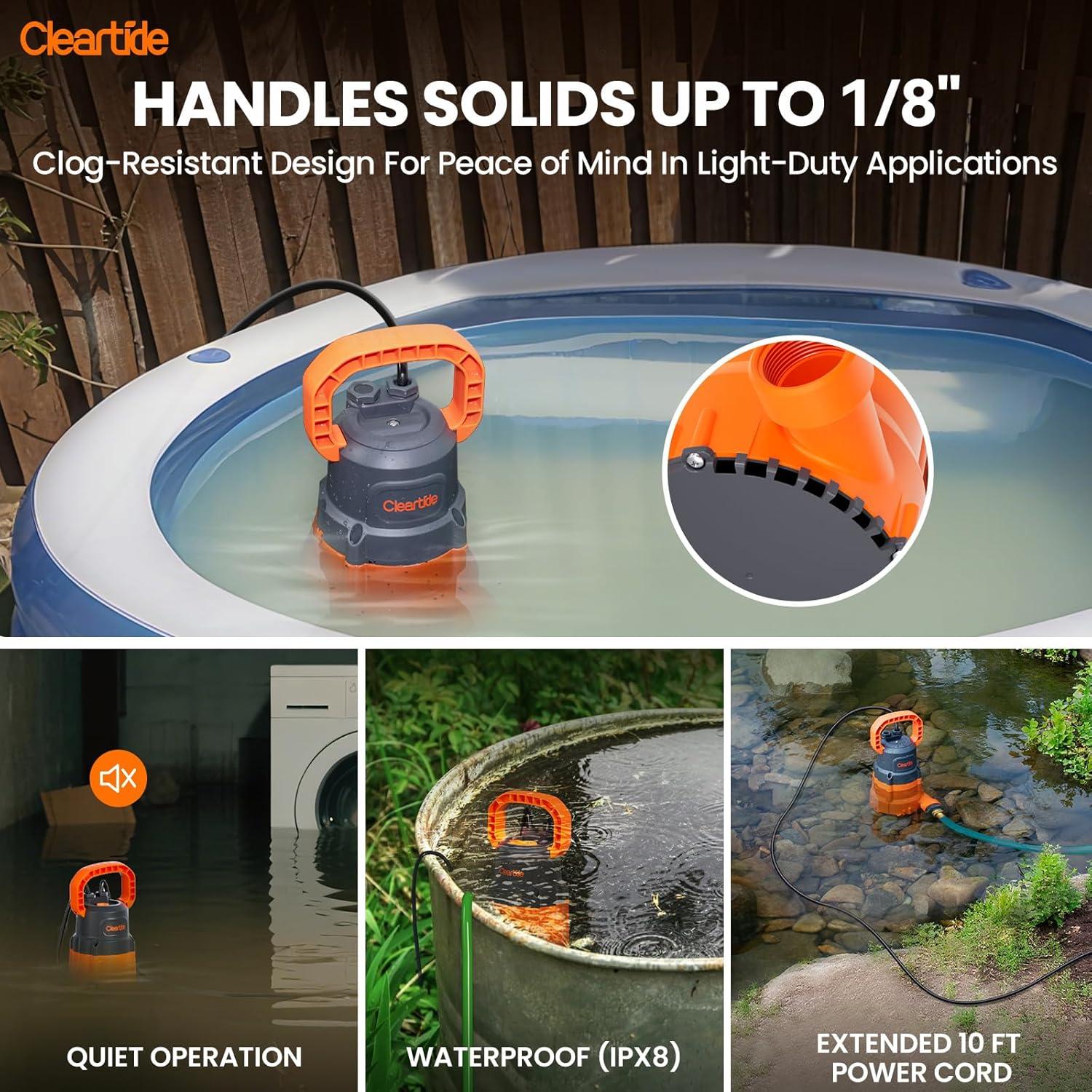 Bomba Sumergible Cleartide 1/4 HP para Drenaje de Agua