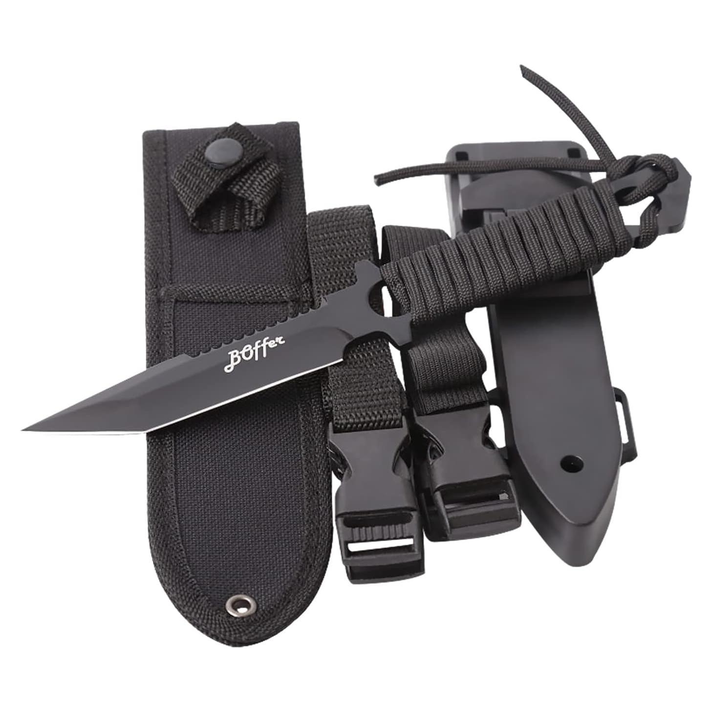 Cuchillo de Buceo BOffer Negro 24 cm con 2 Fundas y Correas