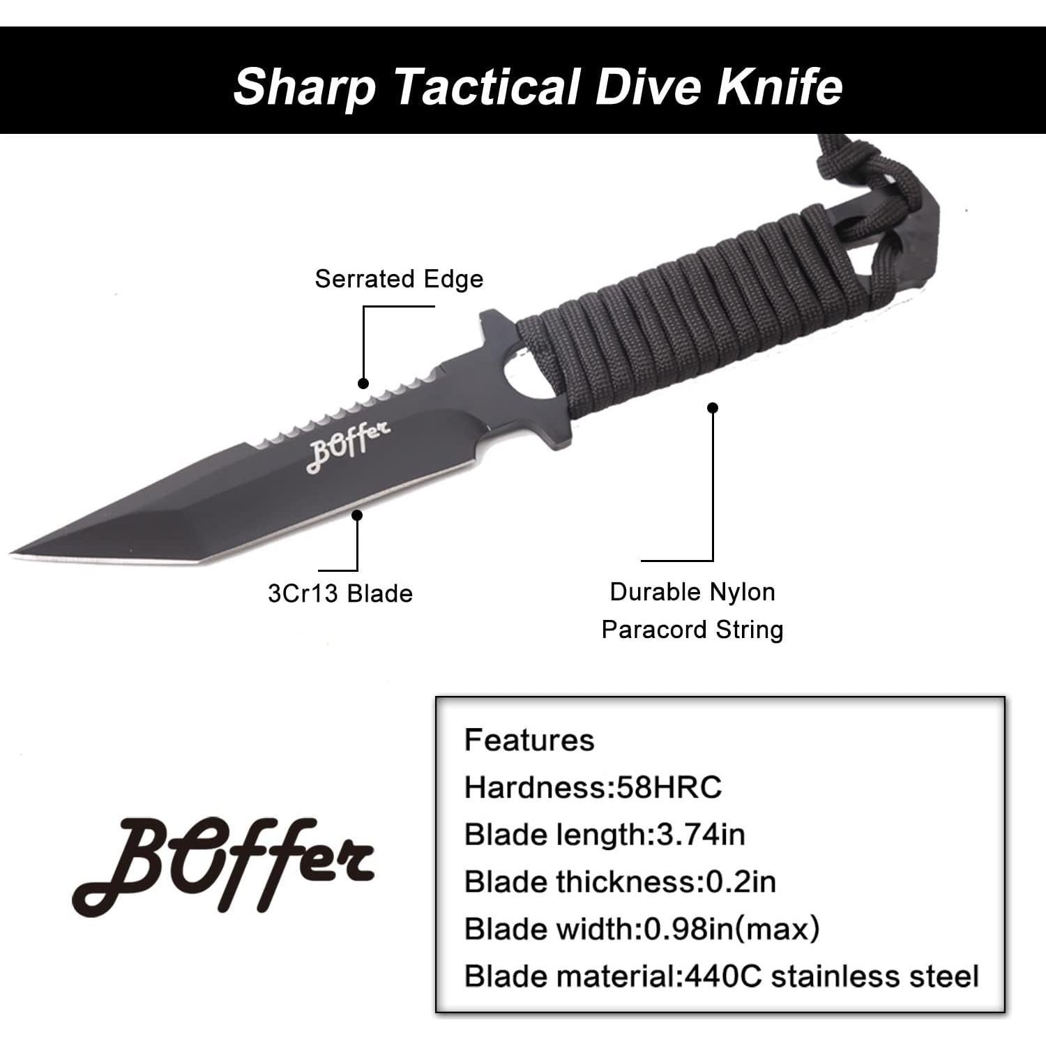 Cuchillo de Buceo BOffer Negro 24 cm con 2 Fundas y Correas