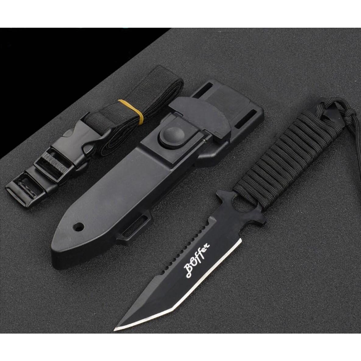 Cuchillo de Buceo BOffer Negro 24 cm con 2 Fundas y Correas