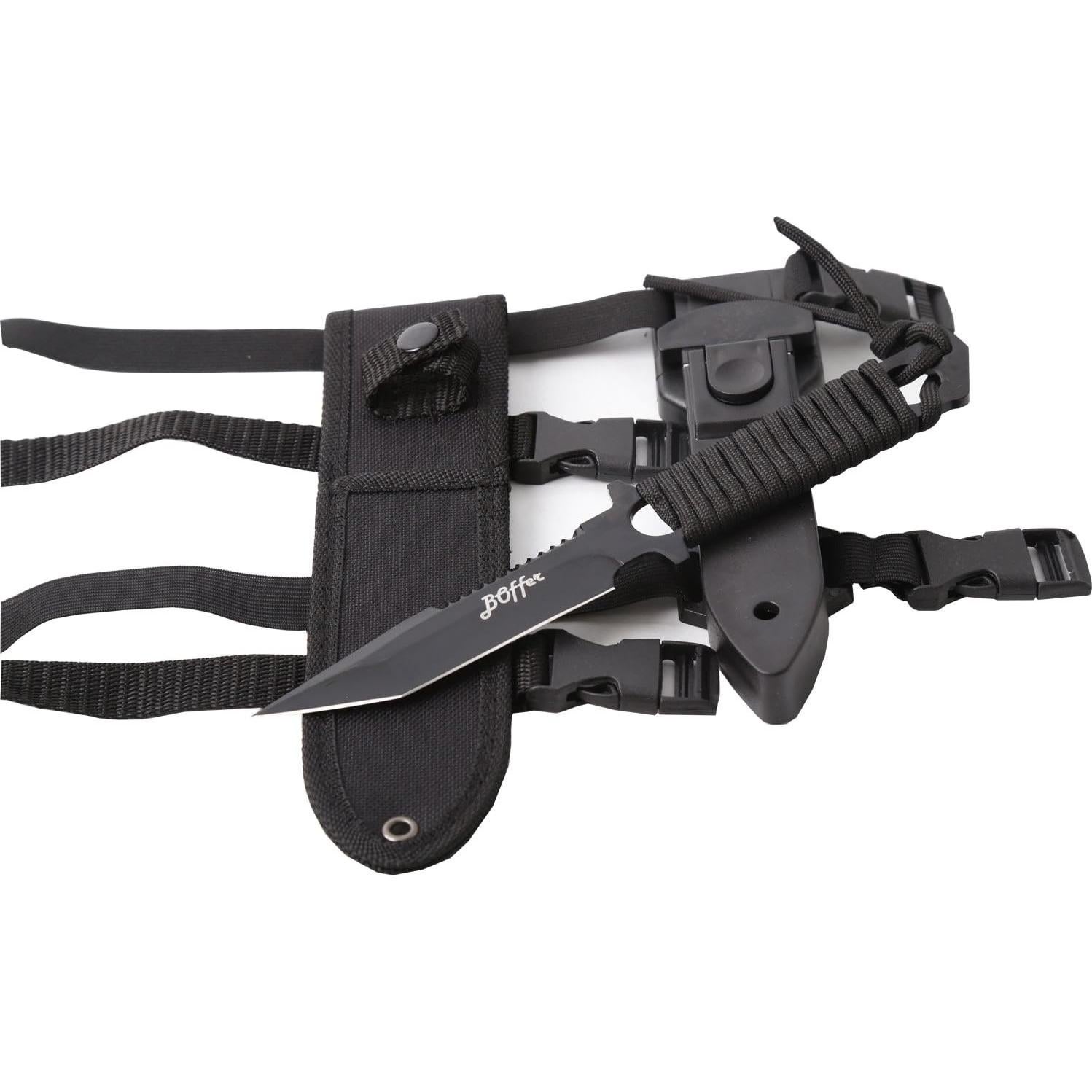 Cuchillo de Buceo BOffer Negro 24 cm con 2 Fundas y Correas