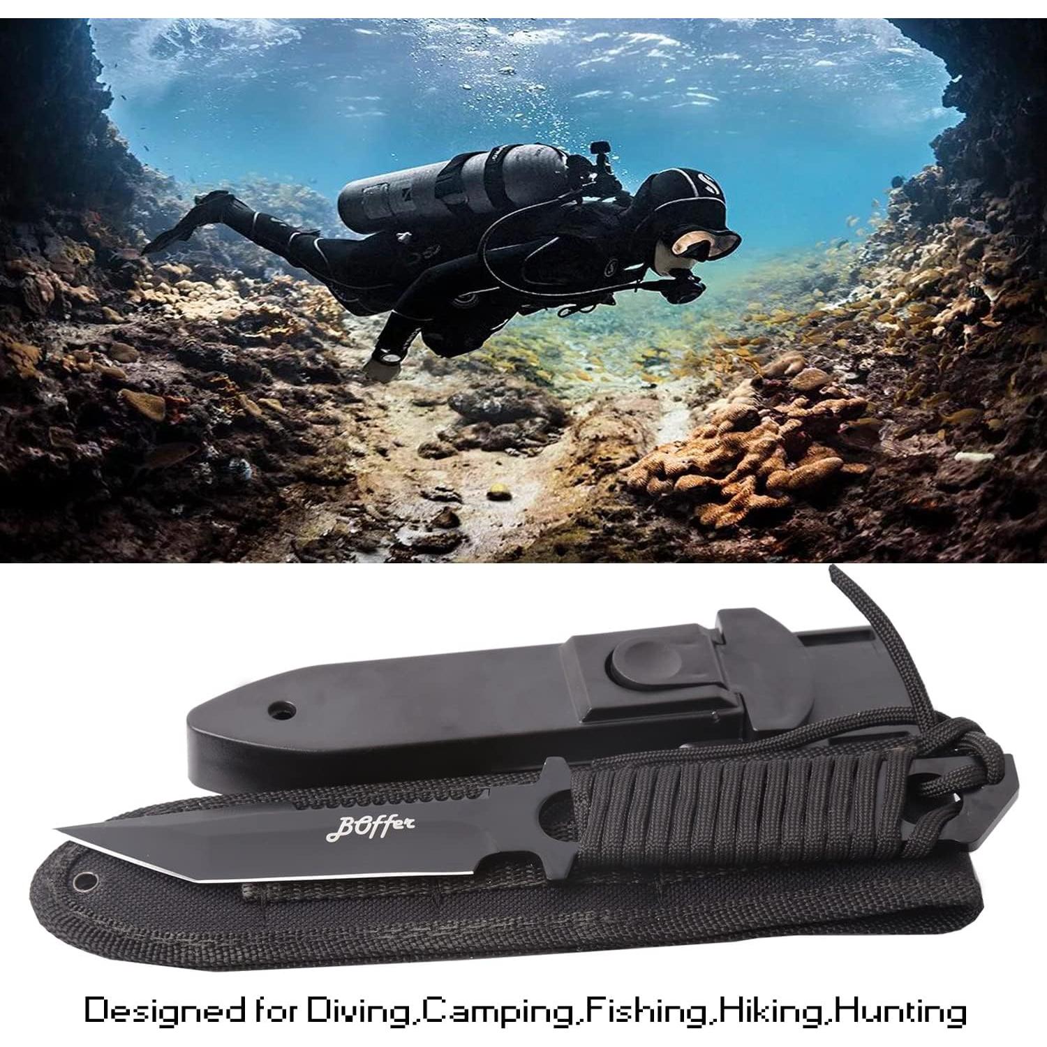 Cuchillo de Buceo BOffer Negro 24 cm con 2 Fundas y Correas