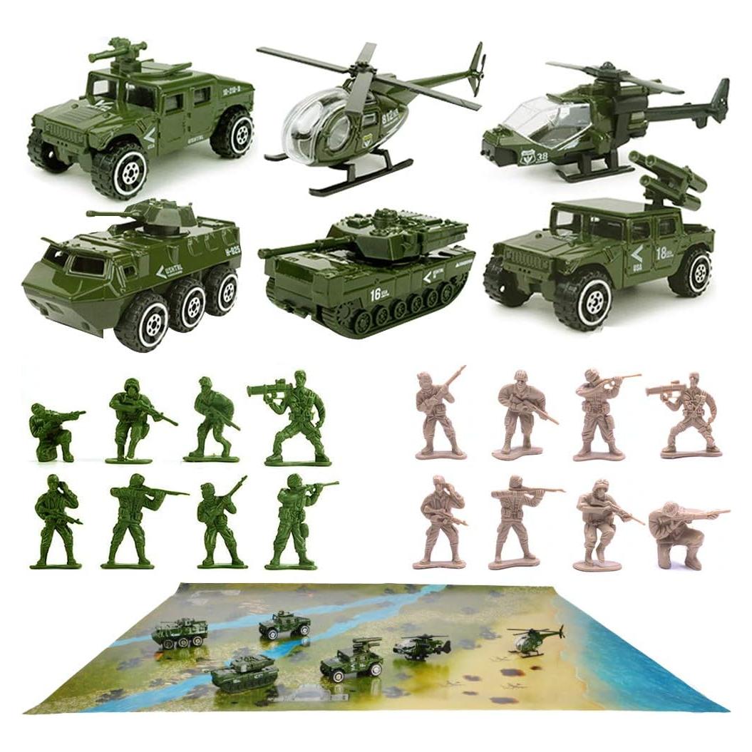 Juego de Vehículos Militares DUNRIOG con 16 Soldados y Tapete