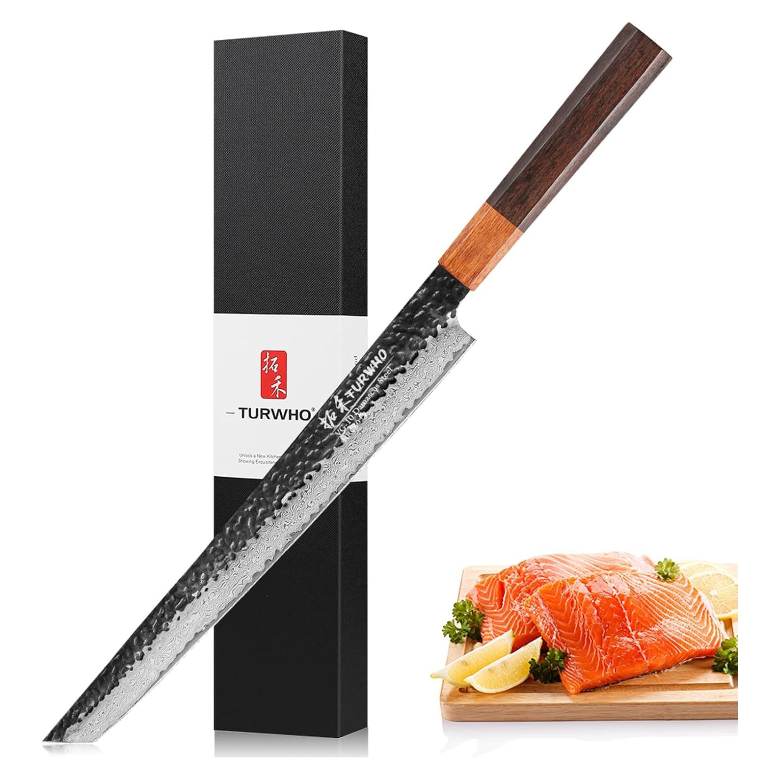 Cuchillo Sashimi TURWHO 26.9 cm Acero Damasco Forjado a Mano