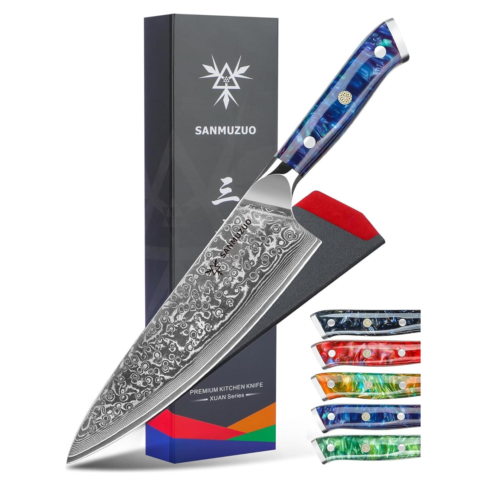 Cuchillo de Chef SANMUZUO 20 cm Acero Damasco VG10 Mango Resina Azul Zafiro