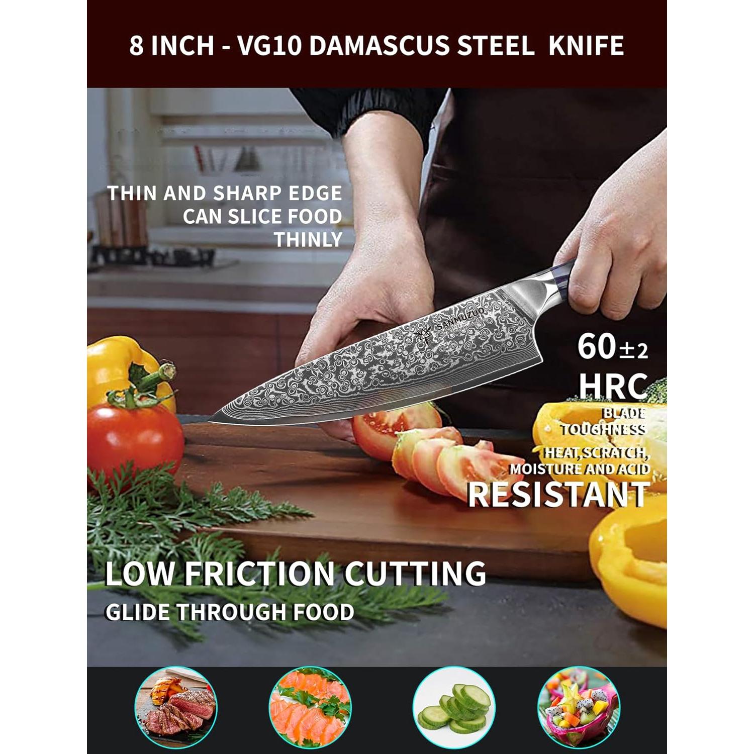 Cuchillo de Chef SANMUZUO 20 cm Acero Damasco VG10 Mango Resina Azul Zafiro