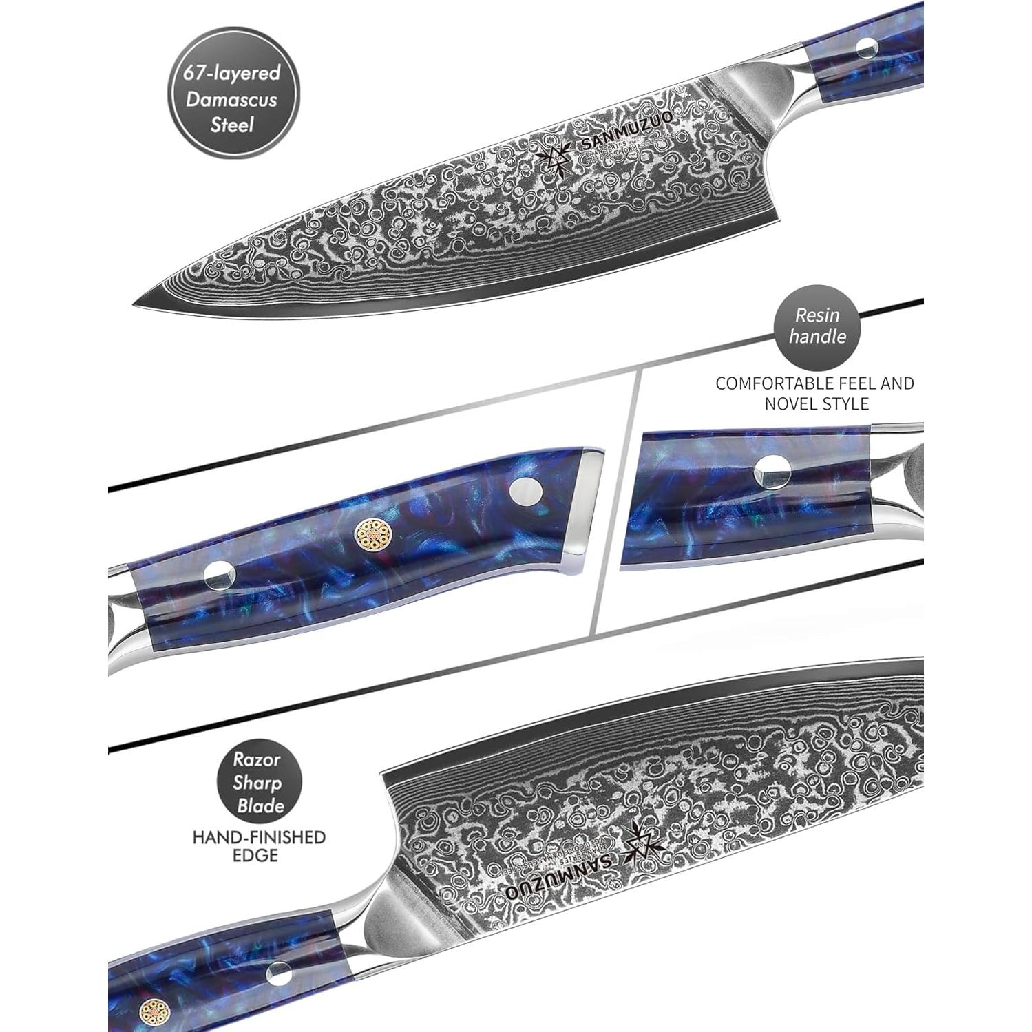 Cuchillo de Chef SANMUZUO 20 cm Acero Damasco VG10 Mango Resina Azul Zafiro