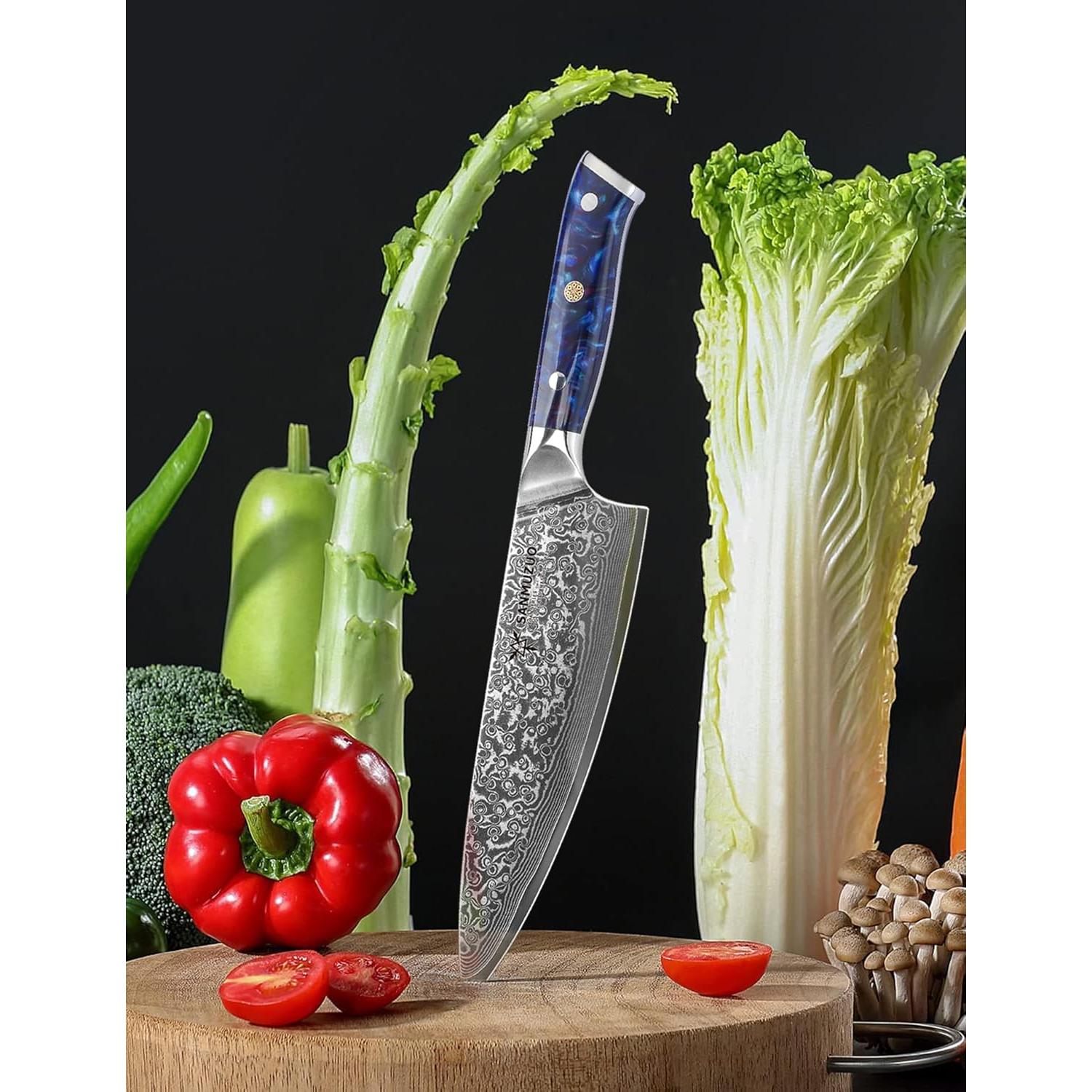 Cuchillo de Chef SANMUZUO 20 cm Acero Damasco VG10 Mango Resina Azul Zafiro