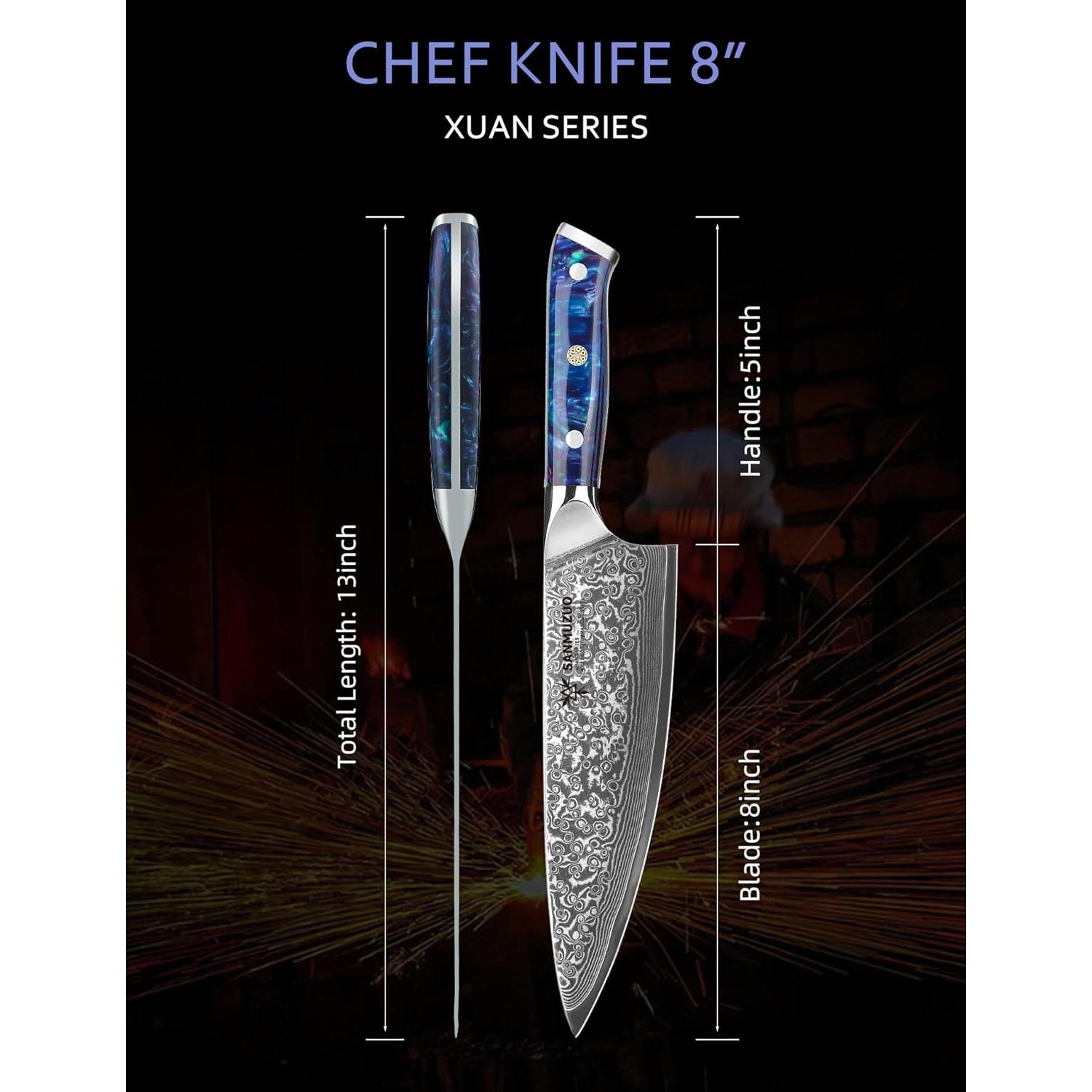 Cuchillo de Chef SANMUZUO 20 cm Acero Damasco VG10 Mango Resina Azul Zafiro