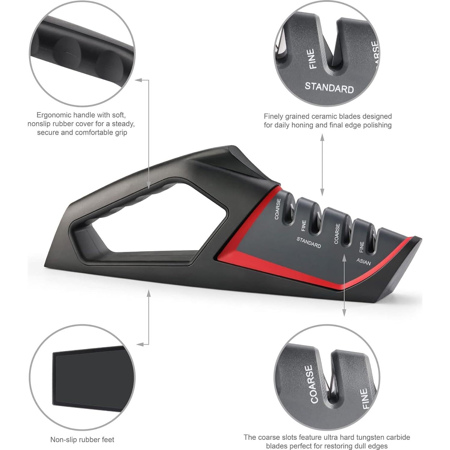 Afilador de Cuchillos Cangshan SHARK 4 Etapas Rojo 331g