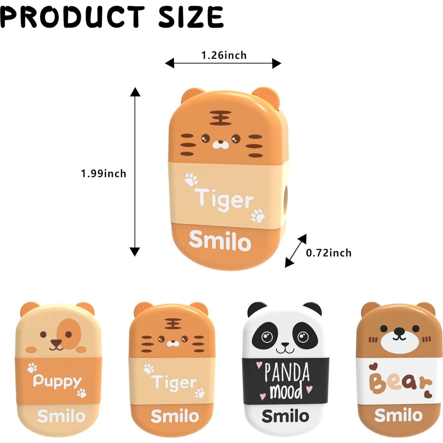 Smilo Paquete de 8 Sacapuntas 2-en-1 con Borrador Animal