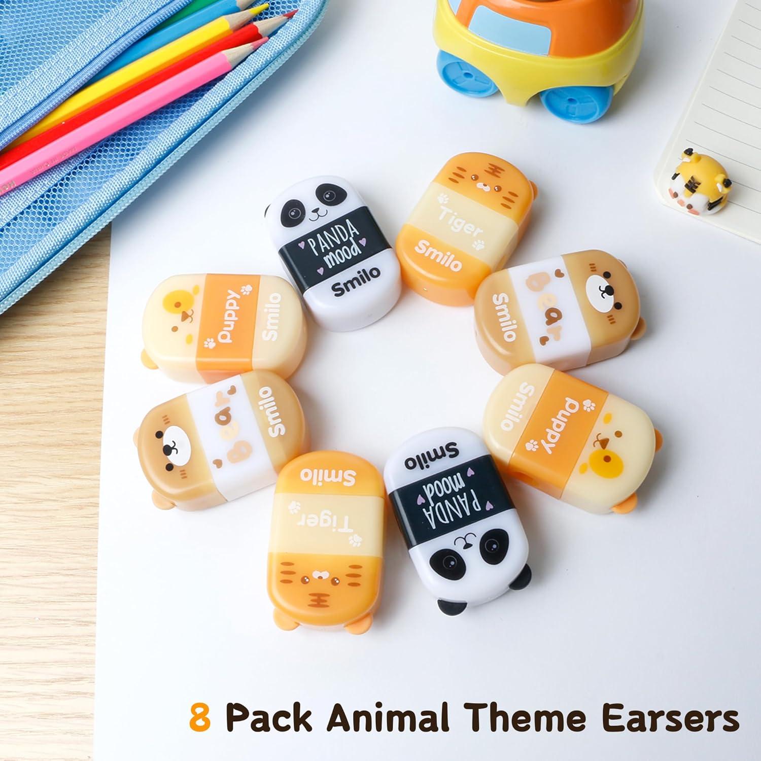 Smilo Paquete de 8 Sacapuntas 2-en-1 con Borrador Animal