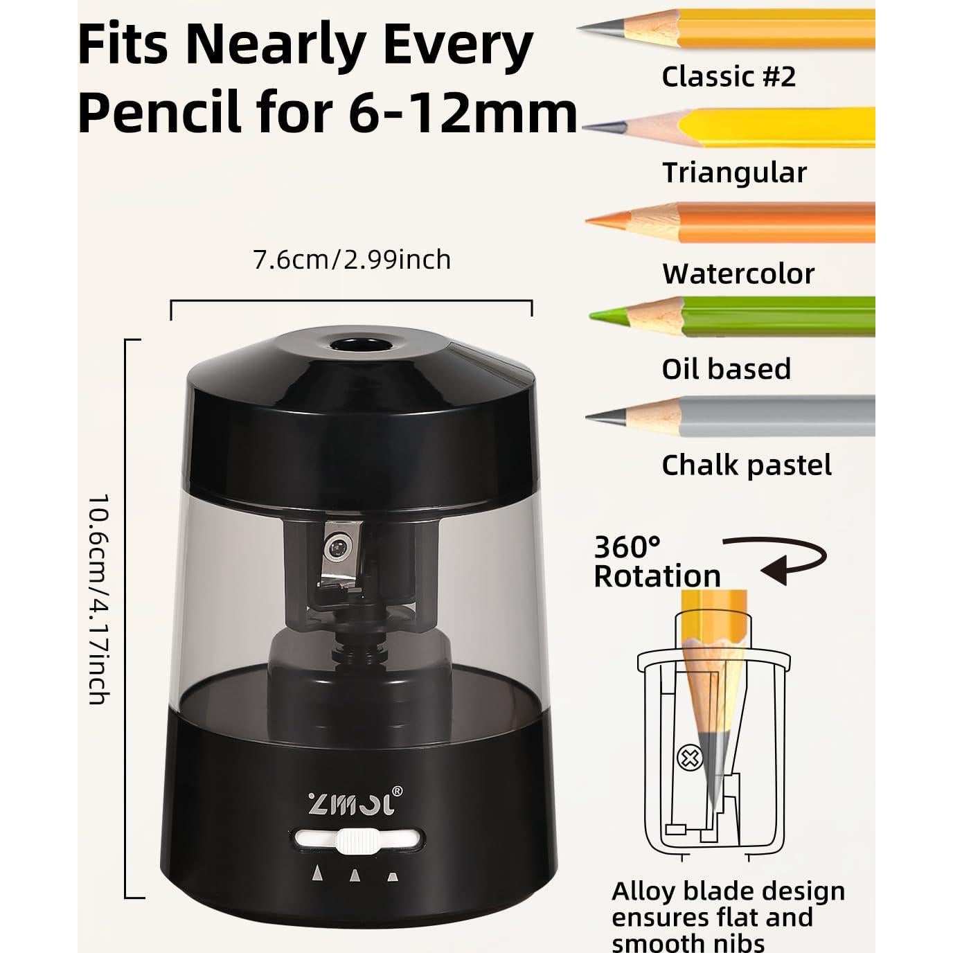 Afilador de Lápices Eléctrico ZMOL Negro 6-12mm Batería