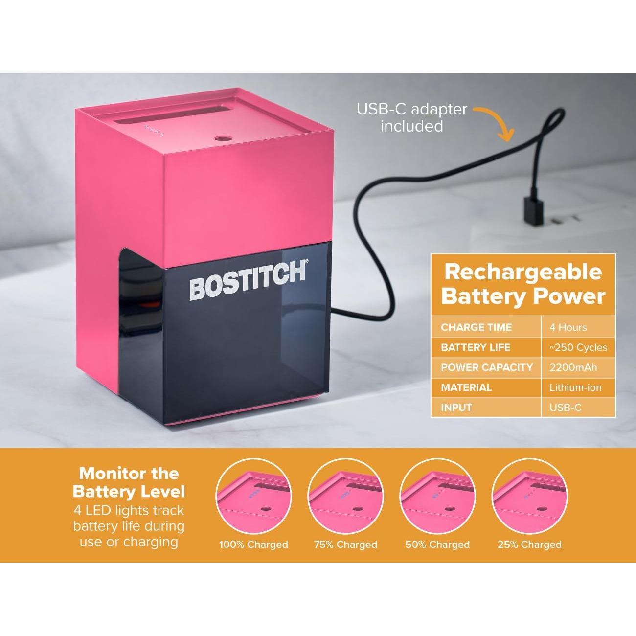 Sacapuntas Eléctrico Bostitch Konnect Rosa Recargable USB-C