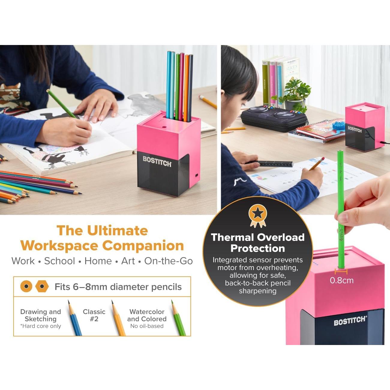 Sacapuntas Eléctrico Bostitch Konnect Rosa Recargable USB-C