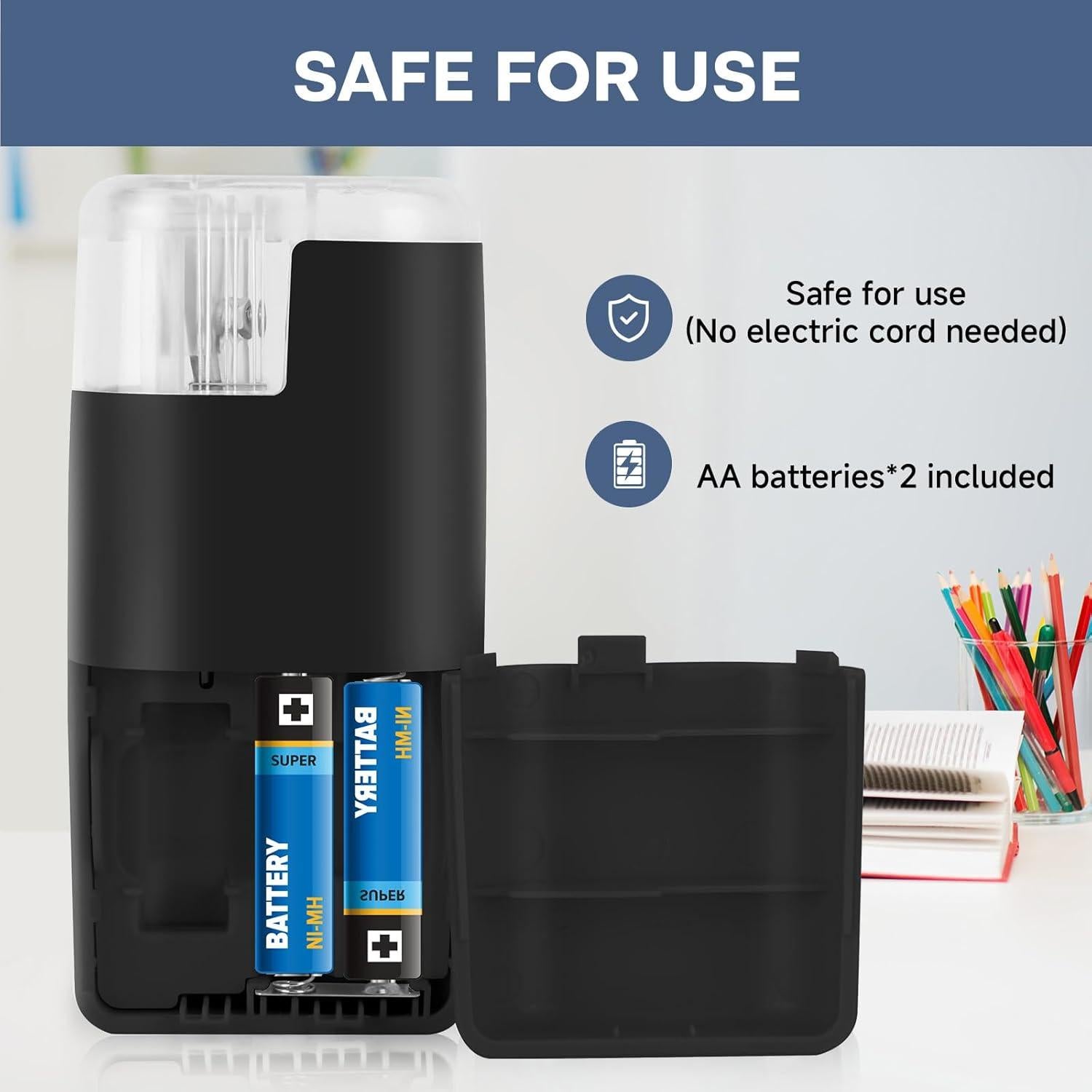 Sacapuntas Eléctrico Portátil BOCYTEOPR Negro - Compacto y Seguro