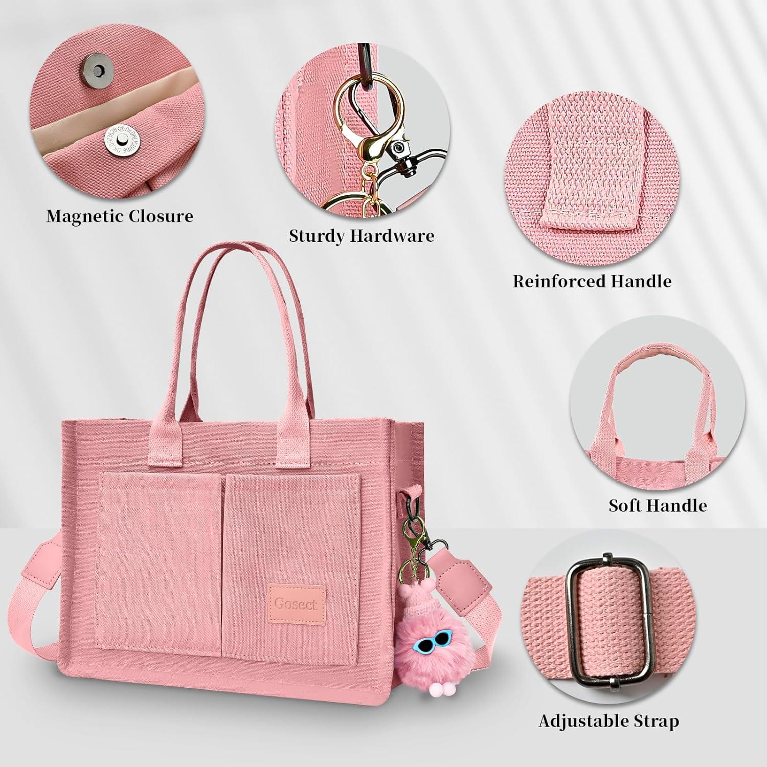 Bolsa Tote de Lona Rosa para Mujeres FBB-01 con Bolsillos