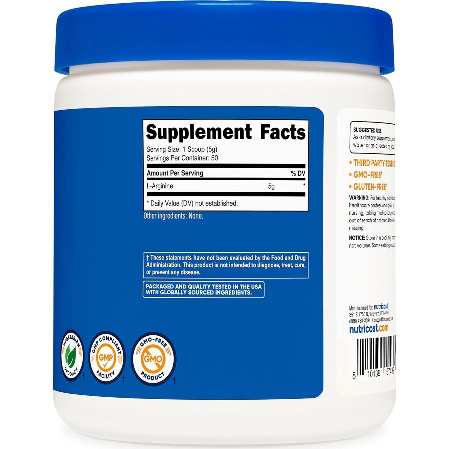 Nutricost L-Arginina 250g - Polvo Puro 5000mg por Porción