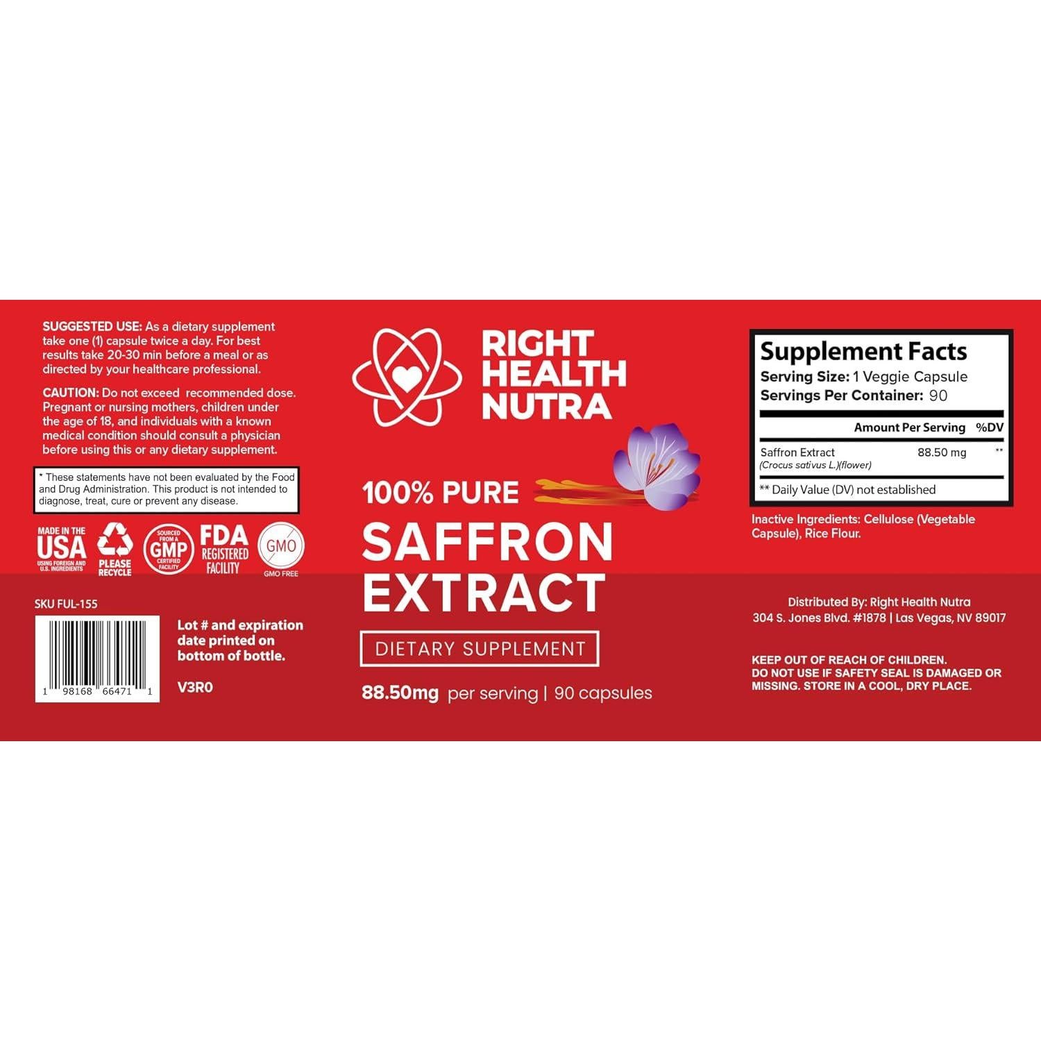 Suplemento de Azafrán Right Health Nutra - 90 Cápsulas 100% Puro