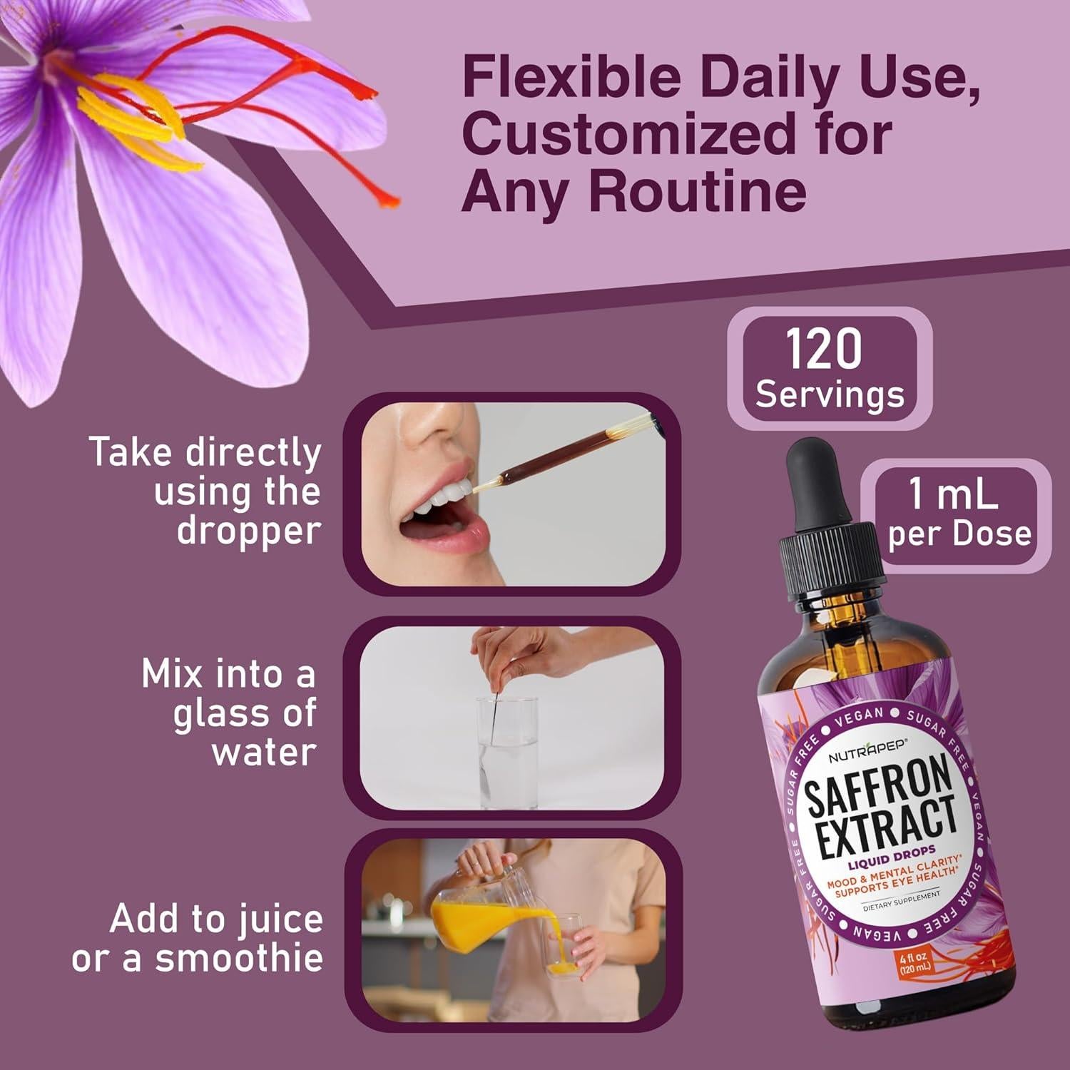 Gotas de Extracto de Azafrán NutraPep 120 mL - Vegano y Sin Azúcar