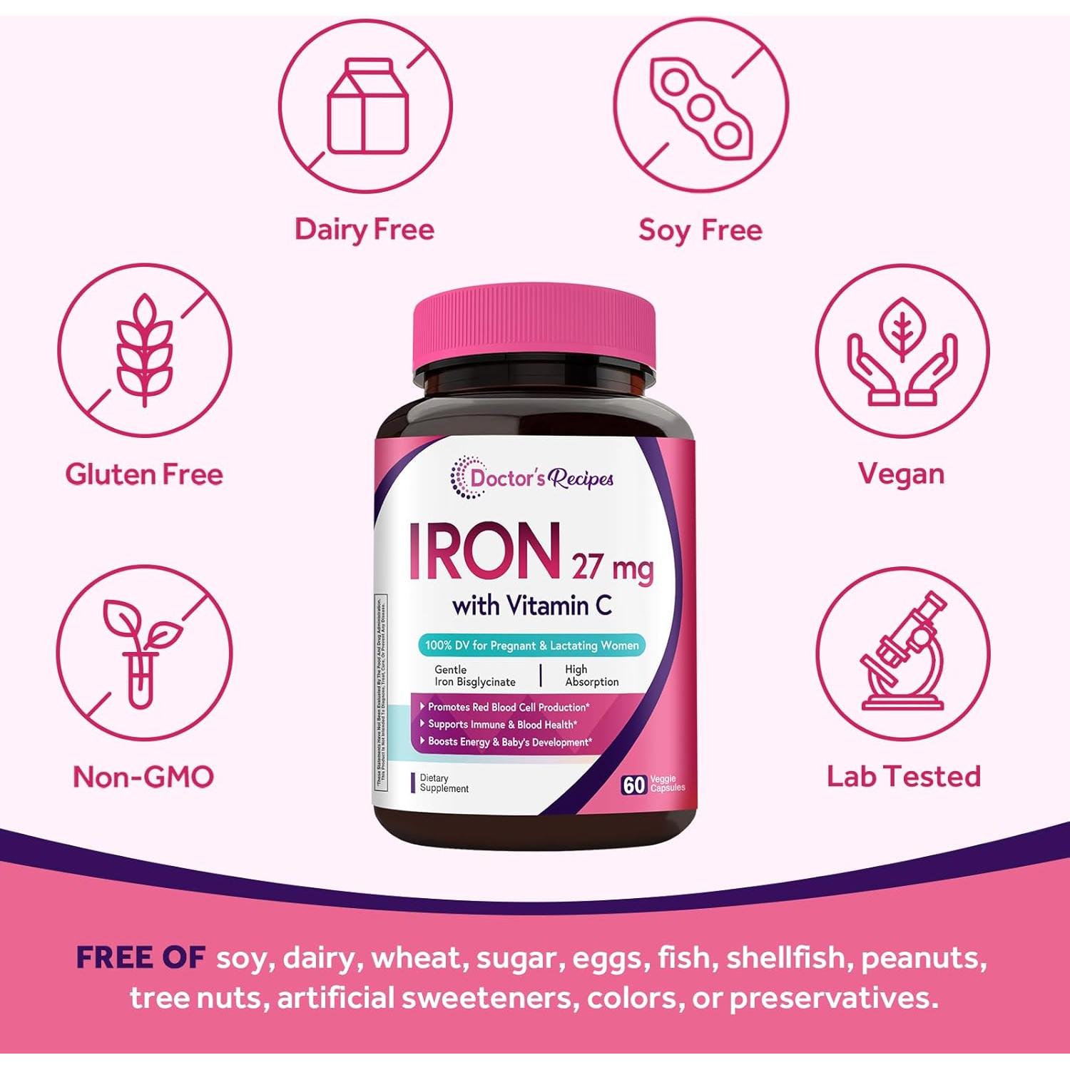 Suplemento de Hierro Recetas del Doctor 27 mg + Vitamina C 60 Cápsulas Veganas
