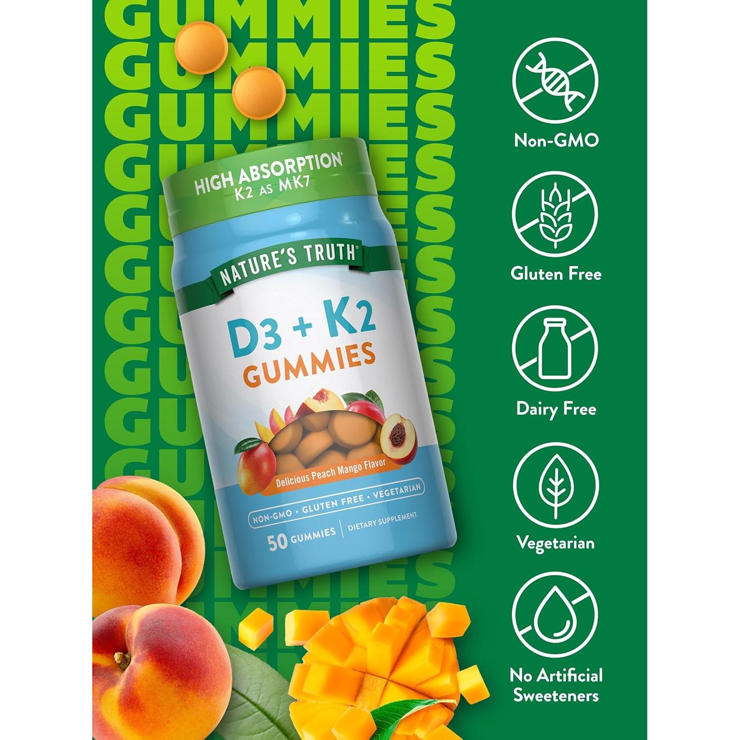Gomitas de Vitamina D3 + K2 Nature's Truth 50 Unidades Sabor Durazno Mango
