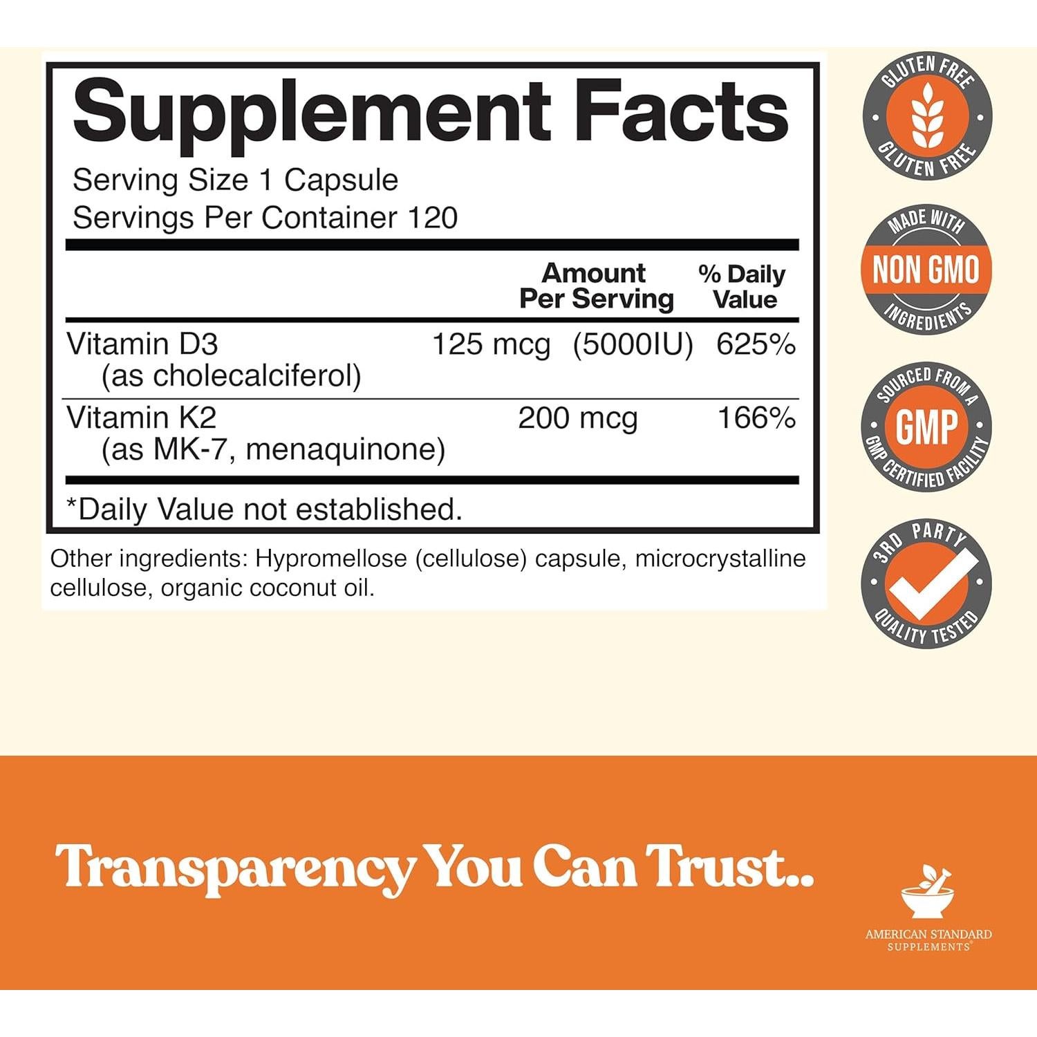 Suplementos American Standard Vitamina D3 5000 IU + K2 200mcg - 120 Cápsulas