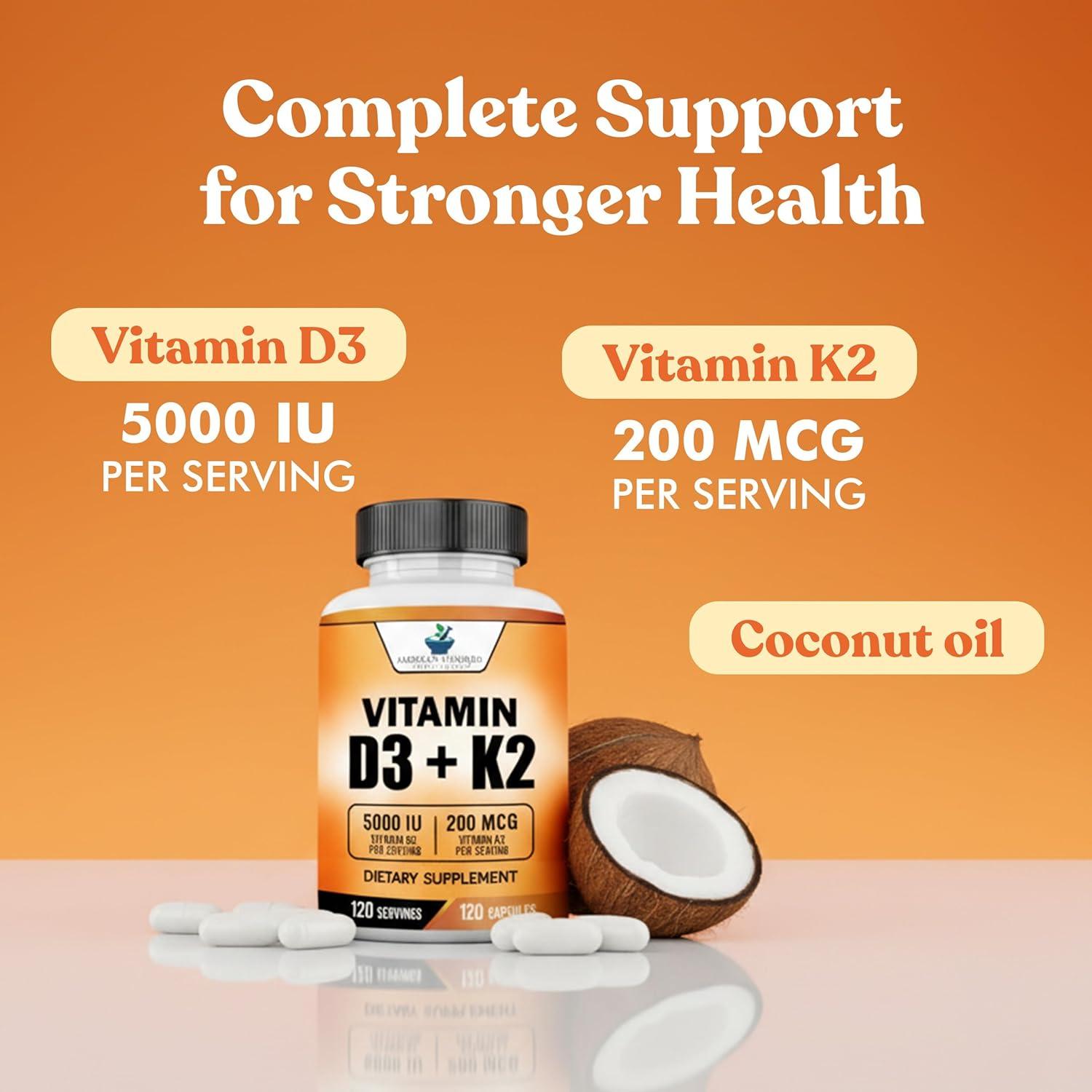 Suplementos American Standard Vitamina D3 5000 IU + K2 200mcg - 120 Cápsulas