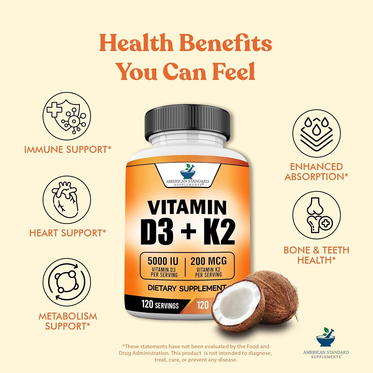 Suplementos American Standard Vitamina D3 5000 IU + K2 200mcg - 120 Cápsulas