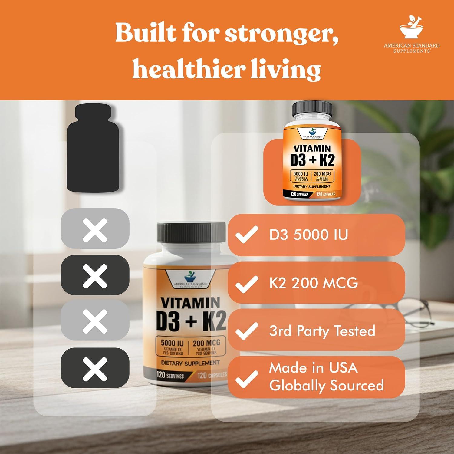 Suplementos American Standard Vitamina D3 5000 IU + K2 200mcg - 120 Cápsulas