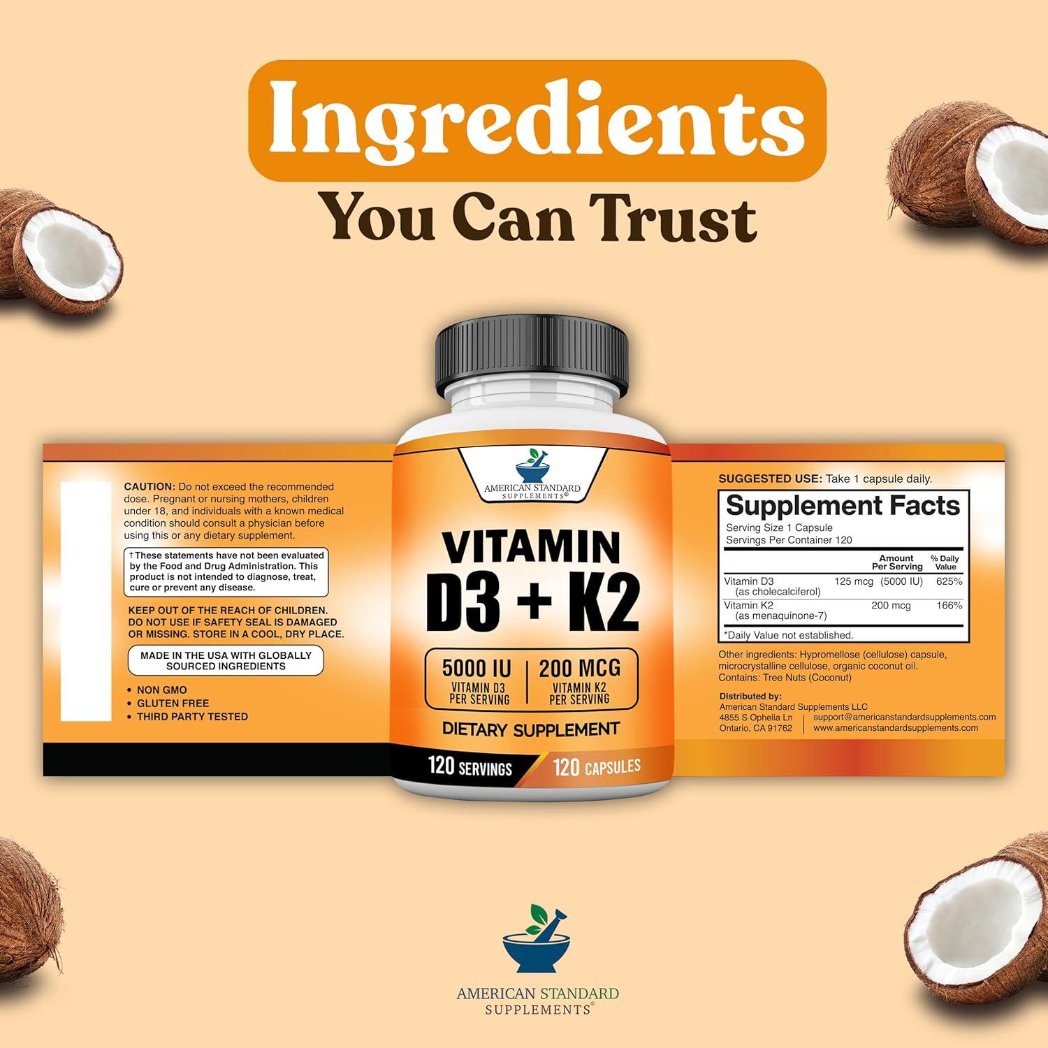 Suplementos American Standard Vitamina D3 5000 IU + K2 200mcg - 120 Cápsulas