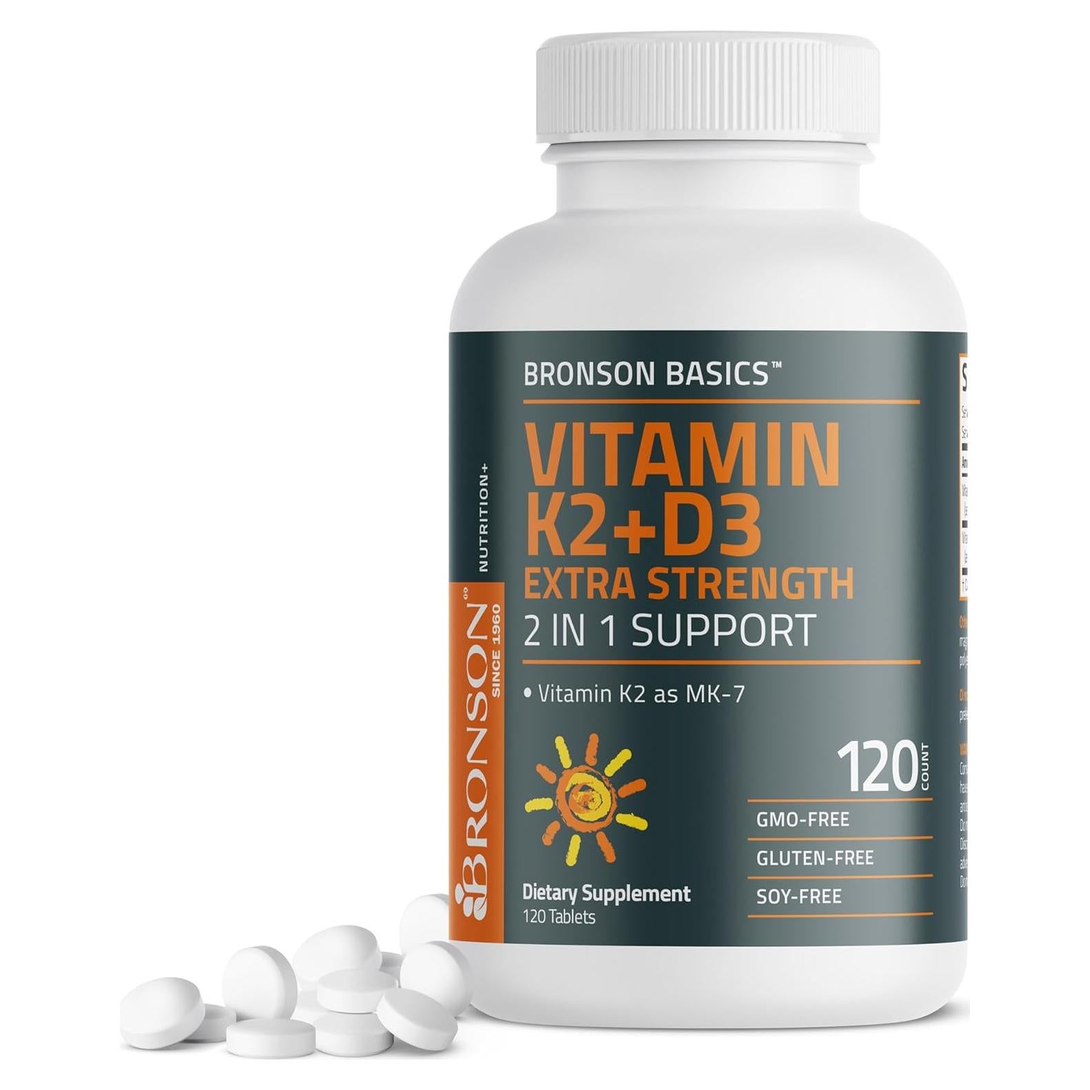 Suplemento Vitamina K2 MK7 y D3 Bronson 120 Tabletas 10,000 UI