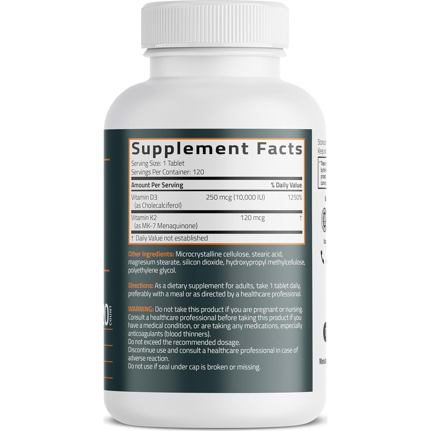 Suplemento Vitamina K2 MK7 y D3 Bronson 120 Tabletas 10,000 UI