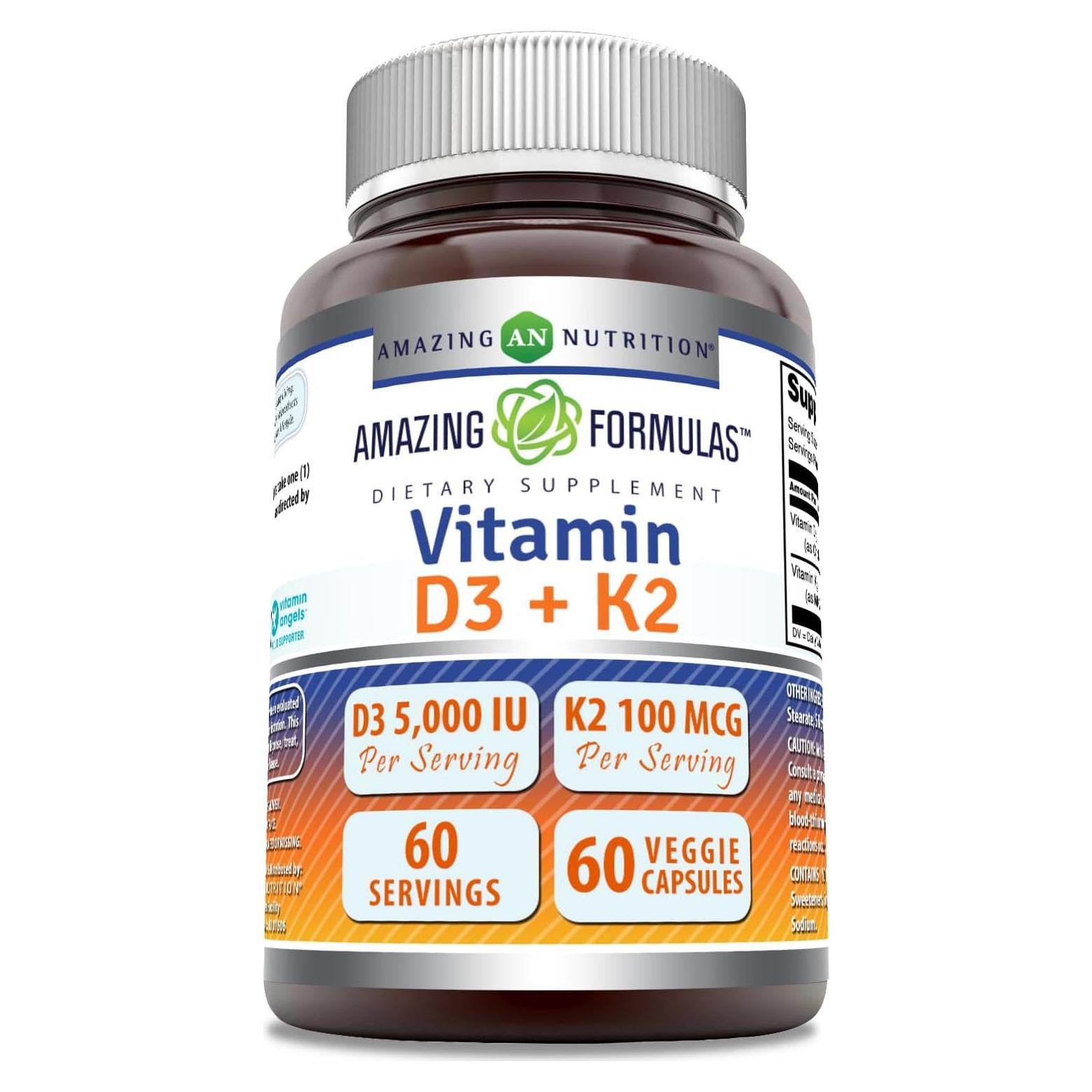 Suplemento Vitamina D3 5000 UI + K2 100 mcg Nutrición Asombrosa - 60 Cápsulas Vegetales