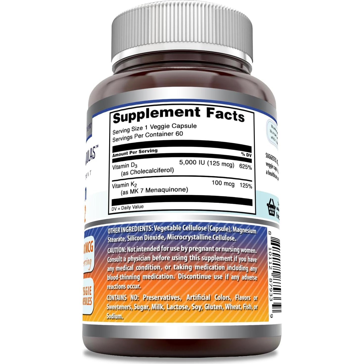 Suplemento Vitamina D3 5000 UI + K2 100 mcg Nutrición Asombrosa - 60 Cápsulas Vegetales