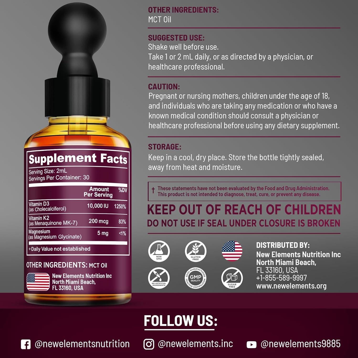 Vitamina D3 Líquida 10.000 UI con K2 y Magnesio 200 mcg