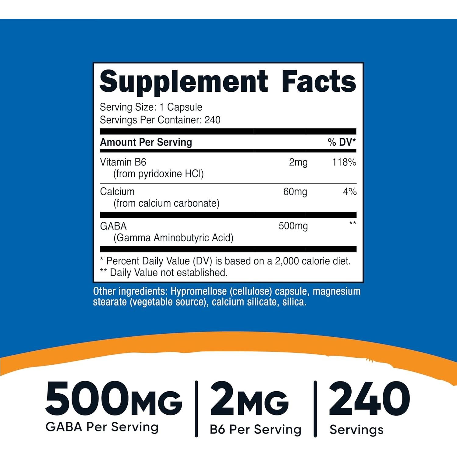 Nutricost GABA 500mg + Vitamina B6 2mg, 240 Cápsulas Veggie
